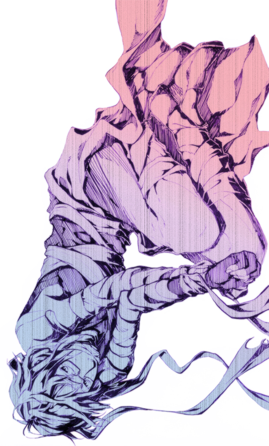 assassin (ragnarok online), ragnarok online, commentary request, 1boy, arisumi, armor, bandages, bandages over clothes, bound, bound wrists, closed mouth, fetal position, fingerless gloves, full body, gagged, glasses, gloves, looking at viewer, male focus, monochrome, pants, pauldrons, purple theme, shirt, shoulder armor, sleeveless, sleeveless shirt, smile, solo, upside-down, waist cape, white background
