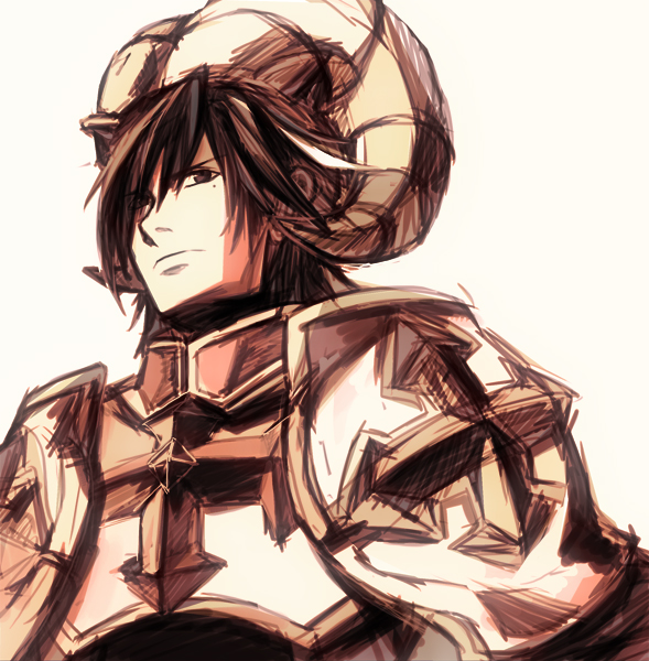 lord knight (ragnarok online), ragnarok online, commentary request, 1boy, arisumi, armor, black hair, breastplate, brown eyes, brown horns, closed mouth, cross, curled horns, eyes visible through hair, fake horns, frown, hair over one eye, horns, looking at viewer, male focus, mole, mole under eye, pauldrons, short hair, shoulder armor, simple background, solo, upper body, white background