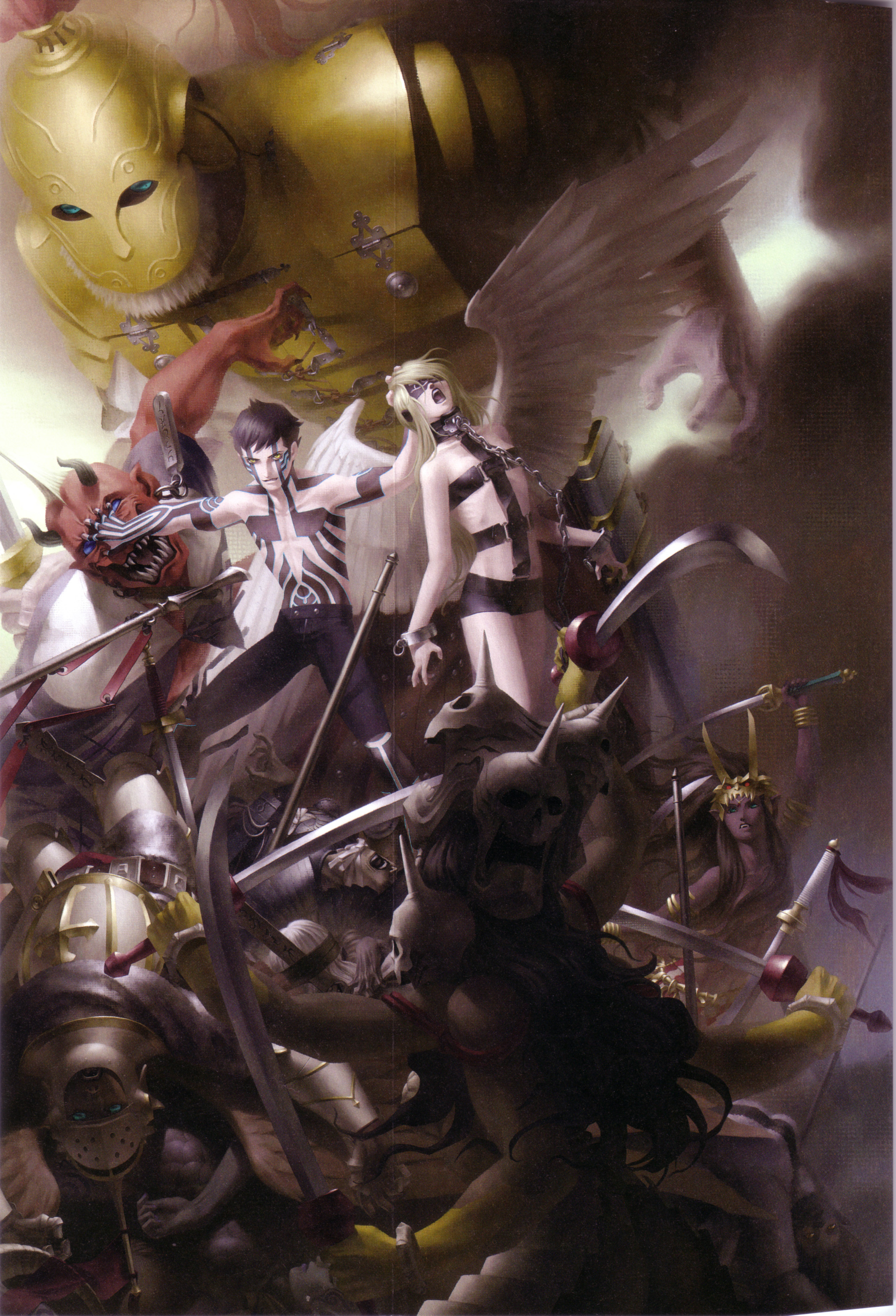 kazuma kaneko, angel (megami tensei), archangel (megami tensei), ares (megami tensei), demi-fiend, oni (megami tensei), taraka (megami tensei), titan (megami tensei), yaksini (megami tensei), atlus, shin megami tensei, shin megami tensei iii: nocturne, absurdres, highres, non-web source, official art, scan, 1girl, 6+boys, angel, angel wings, black hair, bondage outfit, colored skin, demon (megami tensei), epic, fighting, full-body tattoo, grabbing another's face, grabbing another's hair, head grab, holding another's hair, male focus, multiple boys, oni, pile of corpses, red skin, shorts, sword, tattoo, topless male, weapon, wings