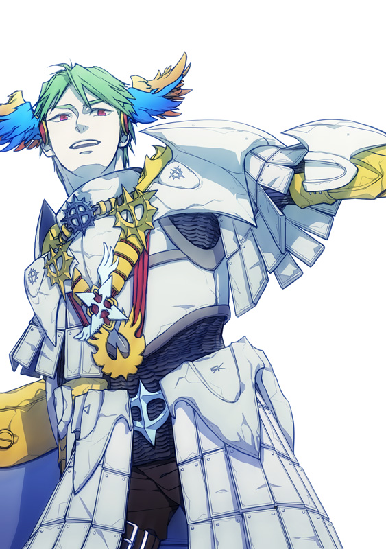 royal guard (ragnarok online), ragnarok online, 1boy, arisumi, armor, black pants, blue wings, breastplate, chainmail, cowboy shot, cross of prontera, faulds, feathered wings, gauntlets, green hair, head wings, holding, holding shield, looking at viewer, male focus, open mouth, orange wings, pants, pauldrons, red eyes, shield, short hair, shoulder armor, simple background, smile, solo, white background, wings
