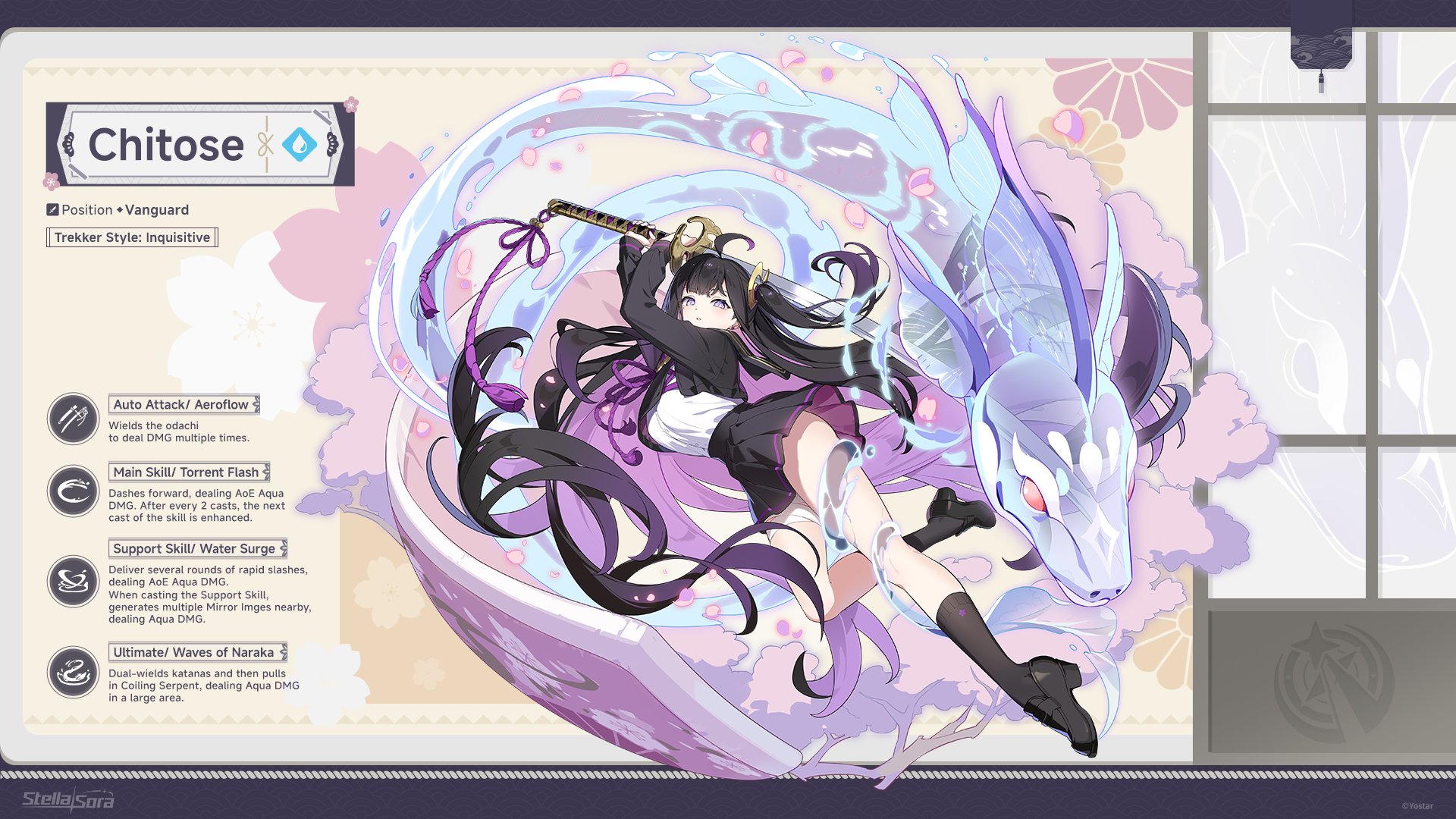 chitose (stella sora), stella sora, yostar, highres, official art, 1girl, ahoge, bandaged leg, bandages, black sailor collar, black shirt, black shoes, black skirt, black socks, breasts, colored inner hair, copyright logo, copyright name, holding, holding sword, holding weapon, information sheet, large breasts, layered shirt, logo, long hair, looking at viewer, miniskirt, mole, mole under eye, multicolored hair, pleated skirt, purple eyes, purple hair, sailor collar, school uniform, serafuku, shirt, shoes, sidelocks, skirt, snake, socks, solo, sword, two-tone hair, very long hair, weapon, white shirt