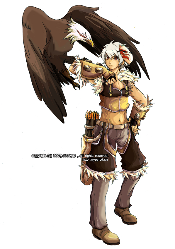 sniper (ragnarok online), ragnarok online, chinese commentary, commentary request, 1boy, 2007, abcdyey, animal on arm, arrow (projectile), artist name, bald eagle, bird, bird on arm, black gloves, black shirt, black shorts, brown eyes, brown shoes, crop top, eagle, falconry, fingerless gloves, fox mask, full body, fur-trimmed gloves, fur-trimmed shirt, fur-trimmed shorts, fur trim, gloves, grey hair, grey pants, looking at viewer, male focus, mask, mask on head, midriff, navel, open mouth, pants, pants under shorts, quiver, shirt, shoes, short hair, shorts, simple background, sleeveless, sleeveless shirt, solo, standing, two-tone gloves, two-tone shirt, white background, yellow gloves, yellow shirt