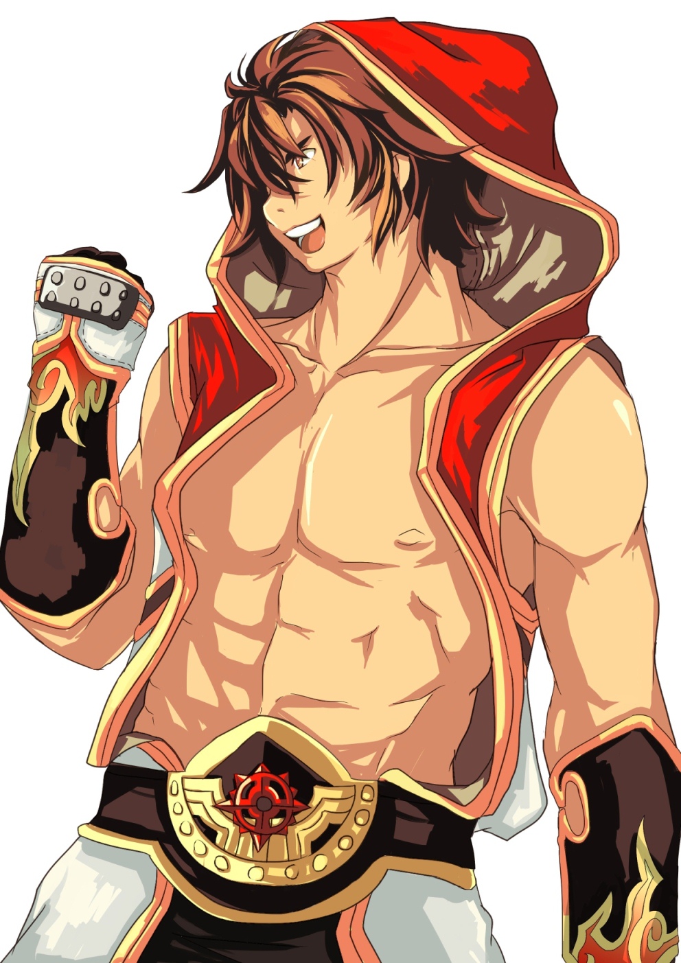 champion (ragnarok online), ragnarok online, chinese commentary, commentary request, highres, 1boy, abcdyey, abs, belt, black gloves, brown eyes, brown hair, championship belt, coat, cowboy shot, cross of prontera, flame print, gloves, gold trim, hood, hood up, hooded coat, looking afar, male focus, multicolored coat, muscular, muscular male, nipples, open mouth, red coat, simple background, sleeveless, sleeveless coat, smile, solo, two-tone coat, white background, white coat