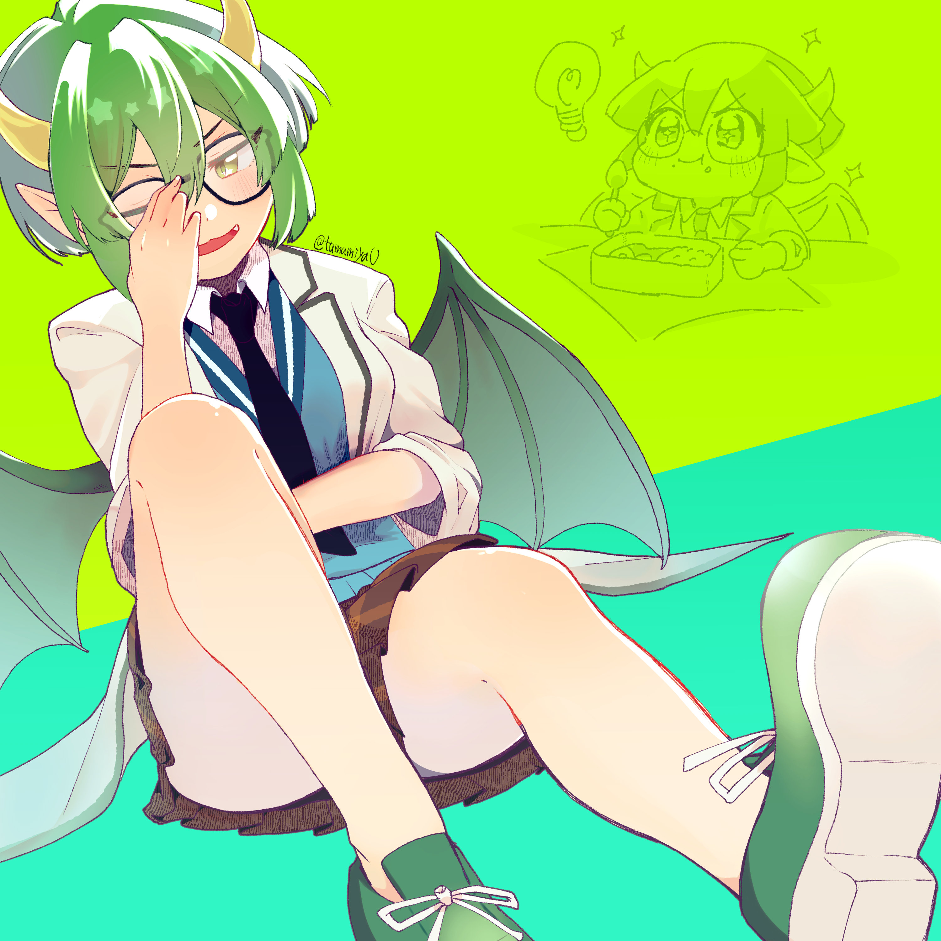 draco centauros, madou monogatari, puyopuyo, absurdres, commentary request, highres, + +, 1girl, adjusting eyewear, bento, black-framed eyewear, black necktie, blazer, brown skirt, chibi, coat, collar, eating, fang, food, food on face, green hair, green shoes, green wings, horns, jacket, light bulb, long sleeves, necktie, one eye closed, open clothes, open coat, open mouth, pointy ears, shoes, short hair, sidelocks, signature, skirt, sneakers, solo, sparkle, spoon, sweater vest, tamamiyau, two-tone background, wings, yellow eyes