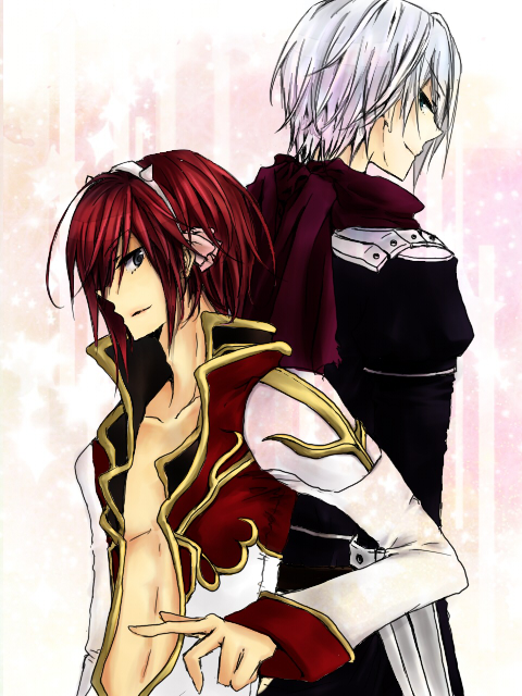 assassin cross (ragnarok online), high priest (ragnarok online), ragnarok online, commentary request, 2boys, armor, back-to-back, black coat, black shirt, chisan rizouto, closed mouth, coat, cone horns, fake horns, gold trim, grey eyes, horns, long sleeves, looking at viewer, male focus, multiple boys, open clothes, open coat, open mouth, pauldrons, pink background, red coat, red hair, red scarf, scarf, shirt, short hair, shoulder armor, small horns, smile, upper body, white coat, white hair