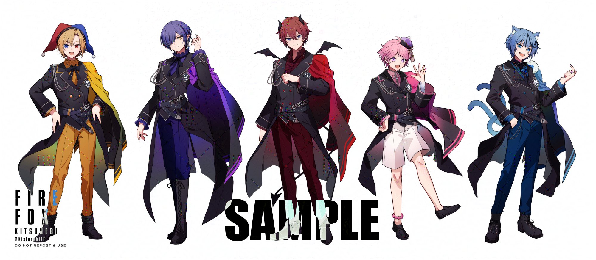 kitsunebi v3kokonn, highres, official art, 5boys, :d, ahoge, aiguillette, animal ears, ankle boots, anklet, aoto (doll's requiem), arm at side, bead necklace, beads, belt, black belt, black boots, black bow, black bowtie, black coat, black horns, black nails, black necktie, black ribbon, black shoes, black wings, blonde hair, blue cape, blue eyes, blue hair, blue pants, blue shirt, boots, bow, bowtie, braid, buttons, cape, cat boy, cat ears, cat tail, center-flap bangs, chess piece earrings, closed mouth, coat, coattails, collared shirt, curtained hair, demon boy, demon horns, demon tail, demon wings, detached wings, doll's requiem, double-breasted, earrings, fingernails, flower facial mark, frilled shirt collar, frills, full body, fumaru (doll's requiem), hair ornament, hair over one eye, hand in pocket, hand on own hip, hand up, hands on own hips, hat, heterochromia, horns, ito (doll's requiem), jester cap, jewelry, lace-up boots, lapels, lineup, loafers, long sleeves, looking at viewer, male focus, mini wings, misora (doll's requiem), multiple boys, multiple tails, nail polish, neck ribbon, necklace, necktie, nekomata, notched lapels, open collar, open mouth, orange pants, orange shirt, pants, pants tucked in, parted bangs, pink cape, pink hair, pink shirt, pointy ears, purple cape, purple eyes, purple hair, purple pants, purple shirt, qingdai guanmao, red cape, red eyes, red hair, red pants, red shirt, ribbon, ring, sample watermark, sharp fingernails, shirt, shoes, short hair, shorts, side braid, side cape, simple background, single earring, smile, standing, star (symbol), star hair ornament, swept bangs, tail, two-tone hat, two tails, uni (doll's requiem), wallet chain, watermark, watermark grid, waving, white background, white shorts, wings, yellow cape