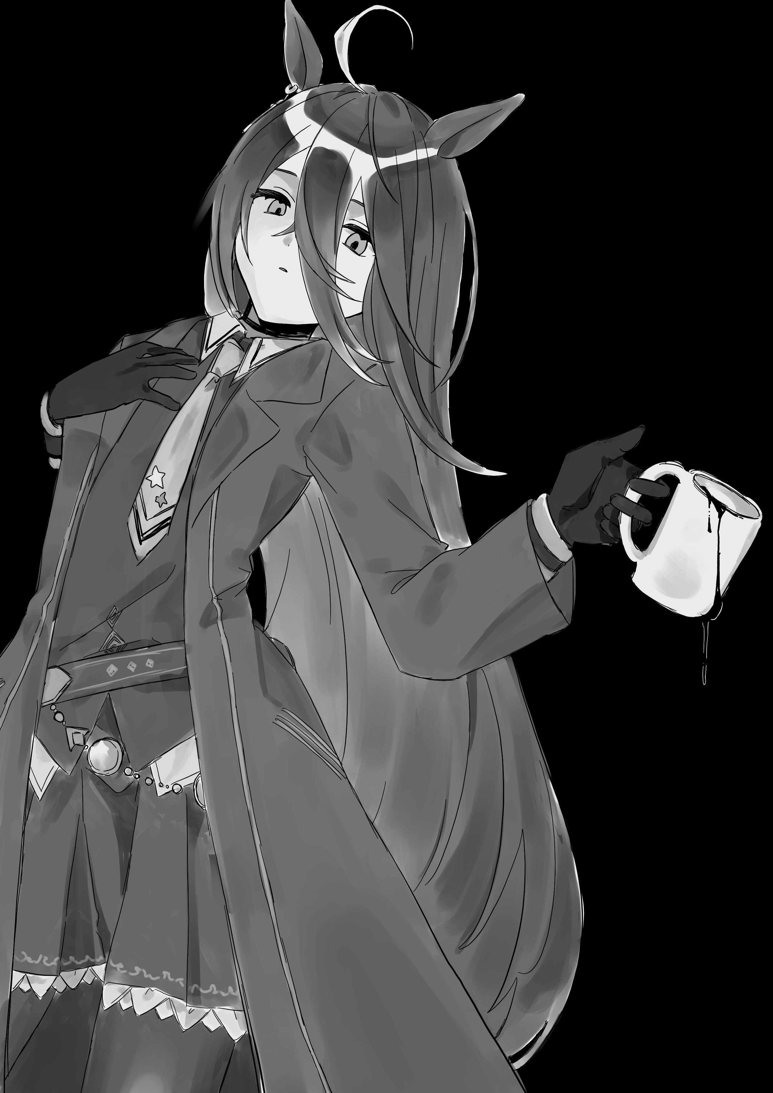 manhattan cafe (umamusume), umamusume, absurdres, highres, 1girl, ahoge, animal ears, belt, coat, cup, ear ornament, ear tag, earrings, gloves, hair between eyes, hand on own chest, high ponytail, holding, holding cup, horse ears, horse girl, jewelry, long bangs, long hair, long hair between eyes, mug, multicolored hair, necktie, open clothes, open coat, pantyhose, pleated skirt, ponytail, shirt, single earring, skirt, solo, spill, syumi08220, very long hair, vest