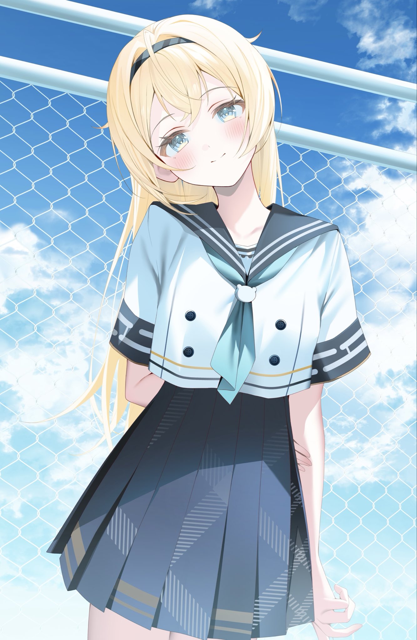 ryuya, kazama iroha, kazama iroha (school uniform), hololive, commentary request, highres, 1girl, arm behind back, blue neckerchief, blue sailor collar, blue skirt, blue sky, chain-link fence, closed mouth, crossed bangs, day, double-parted bangs, fence, hair between eyes, hair flaps, head tilt, high-waist skirt, holding own arm, long hair, looking at viewer, neckerchief, official alternate costume, outdoors, pleated skirt, sailor collar, school uniform, shirt, skirt, sky, solo, white shirt