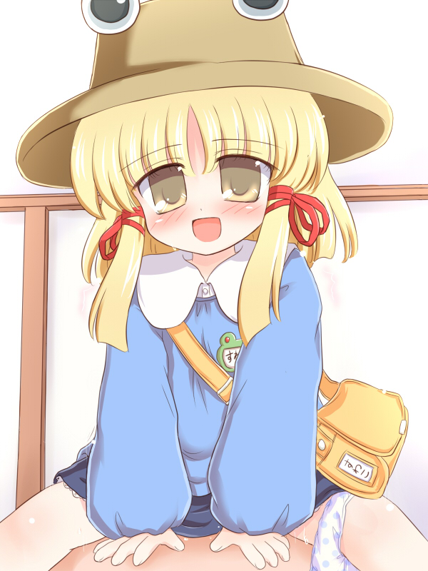 ry (yagoyago), moriya suwako, touhou, 1boy, 1girl, blonde hair, blush, clothed sex, flat chest, hat, hetero, kindergarten uniform, loli, panties, panties around leg, ribbon, sex, underwear