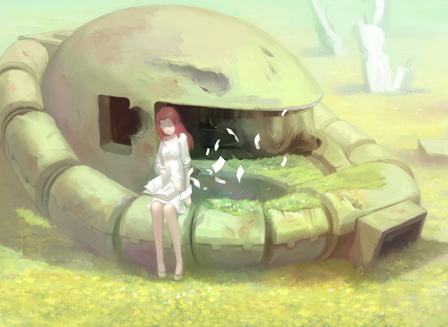 g tong, christina mackenzie, zaku, zaku ii, zaku ii f/j, gundam, gundam 0080, 1980s (style), 1boy, 1girl, book, broken, female focus, flower, mecha, oldschool, overgrown, retro artstyle, robot, scenery, solo, wind