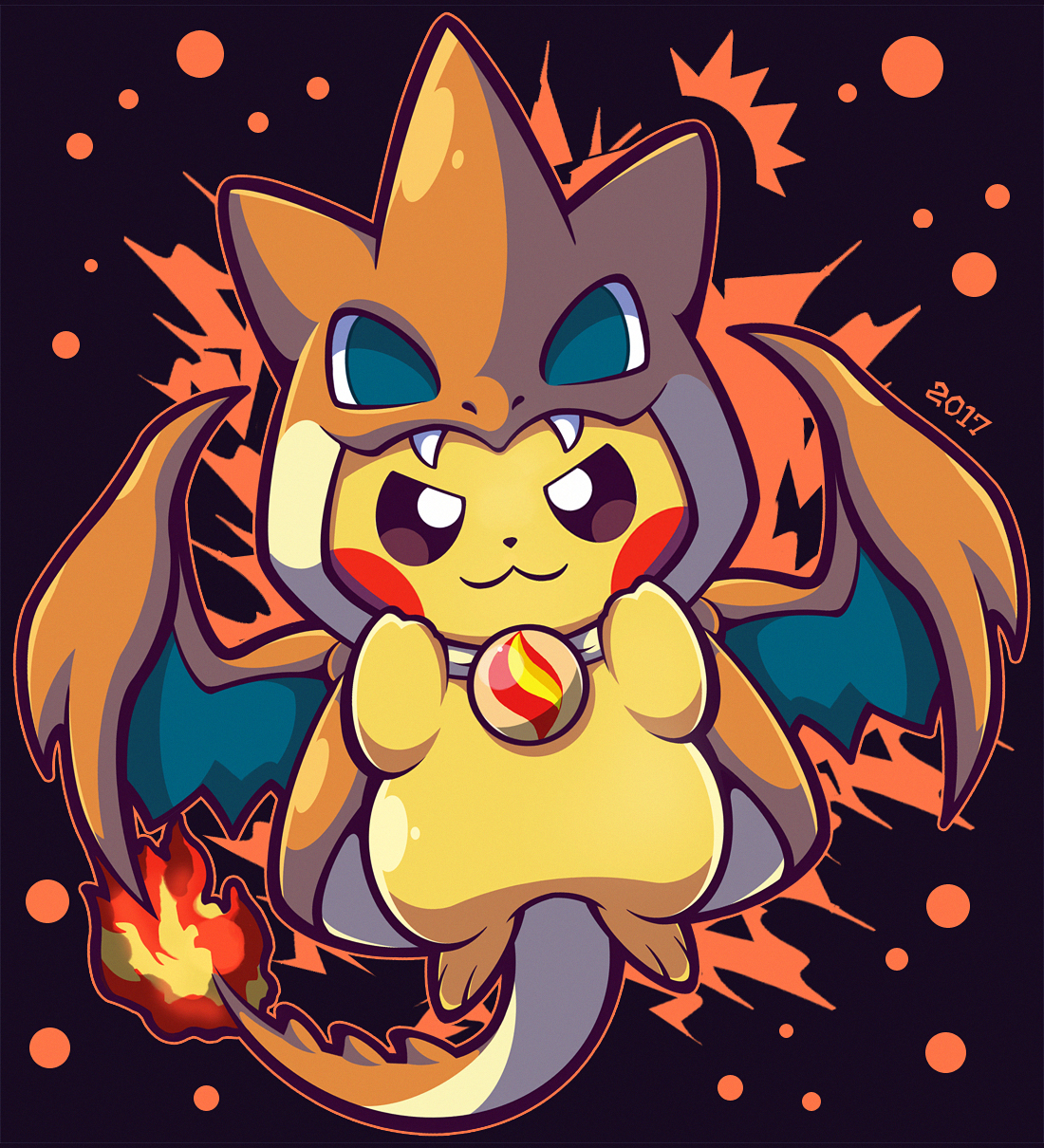 woofzilla, charizard, mega charizard y, pikachu, nintendo, pokemon, highres, :3, black eyes, bright pupils, clothed pokemon, cosplay, dated, fire, flame-tipped tail, full body, gen 1 pokemon, mega charizard y (cosplay), mega pokemon, mega stone, no humans, pokemon (creature), solo, tail, v-shaped eyes, white pupils