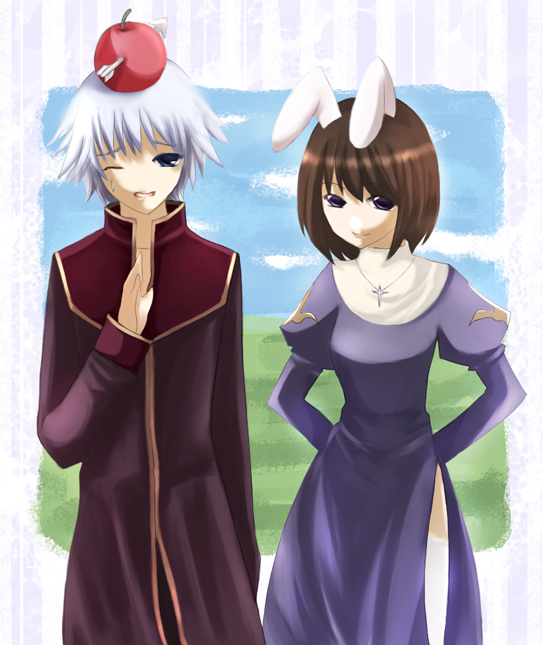 priest (ragnarok online), ragnarok online, commentary request, 1boy, 1girl, animal ears, apple on head, arms behind back, arrow through apple, black coat, blue eyes, brown hair, closed mouth, coat, cowboy shot, cross, cross necklace, dress, gold trim, hand up, jewelry, juliet sleeves, long sleeves, looking at viewer, multicolored coat, necklace, one eye closed, open mouth, puffy sleeves, purple dress, purple eyes, rabbit ears, rabbit girl, red coat, short hair, side slit, smile, sweatdrop, two-tone coat, white hair, yu (yutuku)