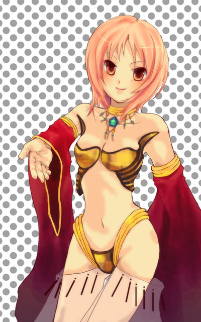 shi@yu, gypsy (ragnarok online), ragnarok online, commentary request, 1girl, bikini, breasts, cleavage, closed mouth, cowboy shot, detached sleeves, gem, gold necklace, green gemstone, harem pants, jewelry, looking at viewer, medium breasts, necklace, pants, pink eyes, pink hair, polka dot, polka dot background, red sleeves, see-through clothes, see-through pants, short hair, smile, solo, strapless, strapless bikini, swimsuit, white background, yellow bikini