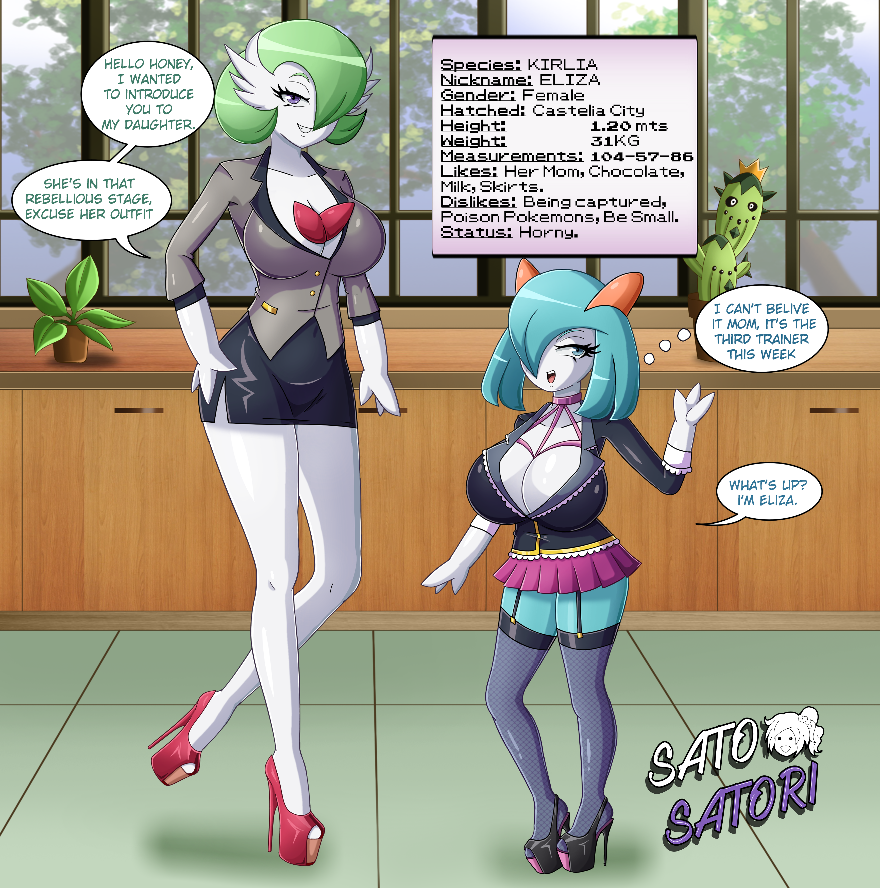 orry9235, satosatori, gardevoir, kirlia, shiny kirlia, nintendo, pokemon, highres, alternate color, breasts, choker, cleavage, english text, gen 3 pokemon, high heels, huge breasts, mature female, mother and daughter, platform heels, red heels, shiny pokemon, skirt, thick thighs, thighhighs, thighs