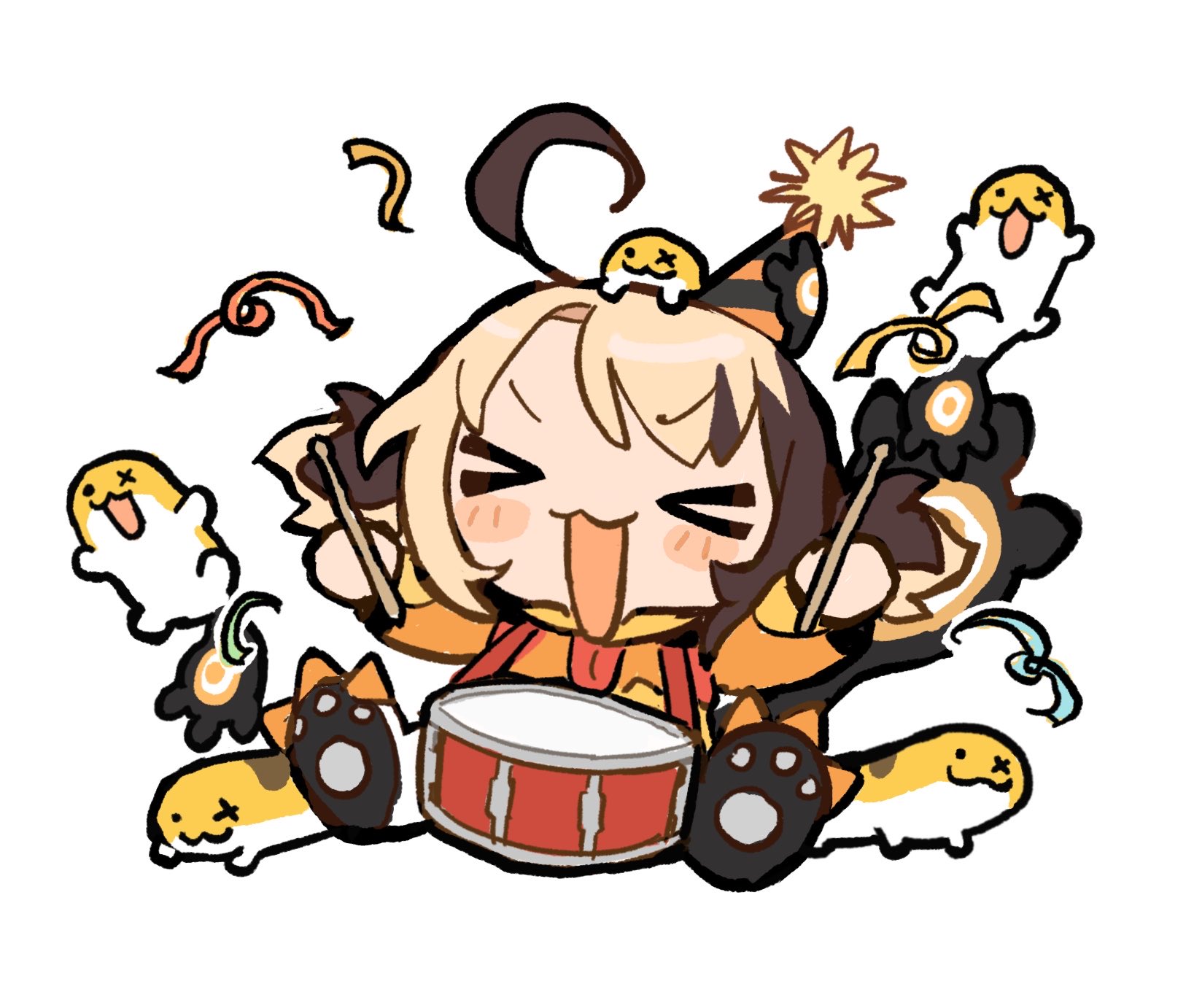 sakanafune, gigi murin, gigi murin (1st costume), grem (gigi murin), hololive, hololive english, highres, > <, 1girl, :3, :d, ahoge, blush stickers, chibi, closed eyes, confetti, drum, drumsticks, hat, hood, hoodie, huge ahoge, instrument, multicolored hair, open mouth, orange hoodie, party hat, paw shoes, smile, solo, two-tone hair, white background, x3, xd