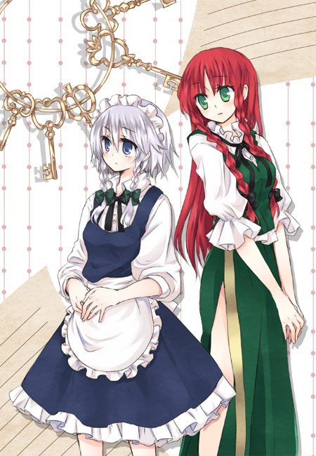 yatosaki haru, hong meiling, izayoi sakuya, embodiment of scarlet devil, touhou, silver hair, bad id, bad pixiv id, 2girls, blue eyes, braid, female focus, green eyes, hairband, maid, multiple girls, red hair, ribbon, skirt, twin braids, white background