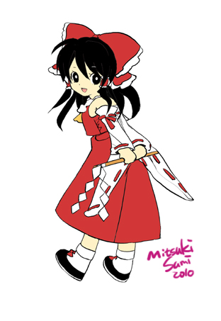 hakurei reimu, touhou, commentary, lowres, 1girl, 2010, black eyes, black hair, bow, detached sleeves, frilled bow, frilled hair tubes, frills, full body, gohei, hair bow, hair tubes, holding, holding gohei, long hair, looking at viewer, looking back, mitsukisumi, open mouth, red bow, red shirt, red skirt, ribbon-trimmed sleeves, ribbon trim, shirt, simple background, skirt, skirt set, sleeveless, sleeveless shirt, smile, socks, solo, white background, white sleeves, white socks