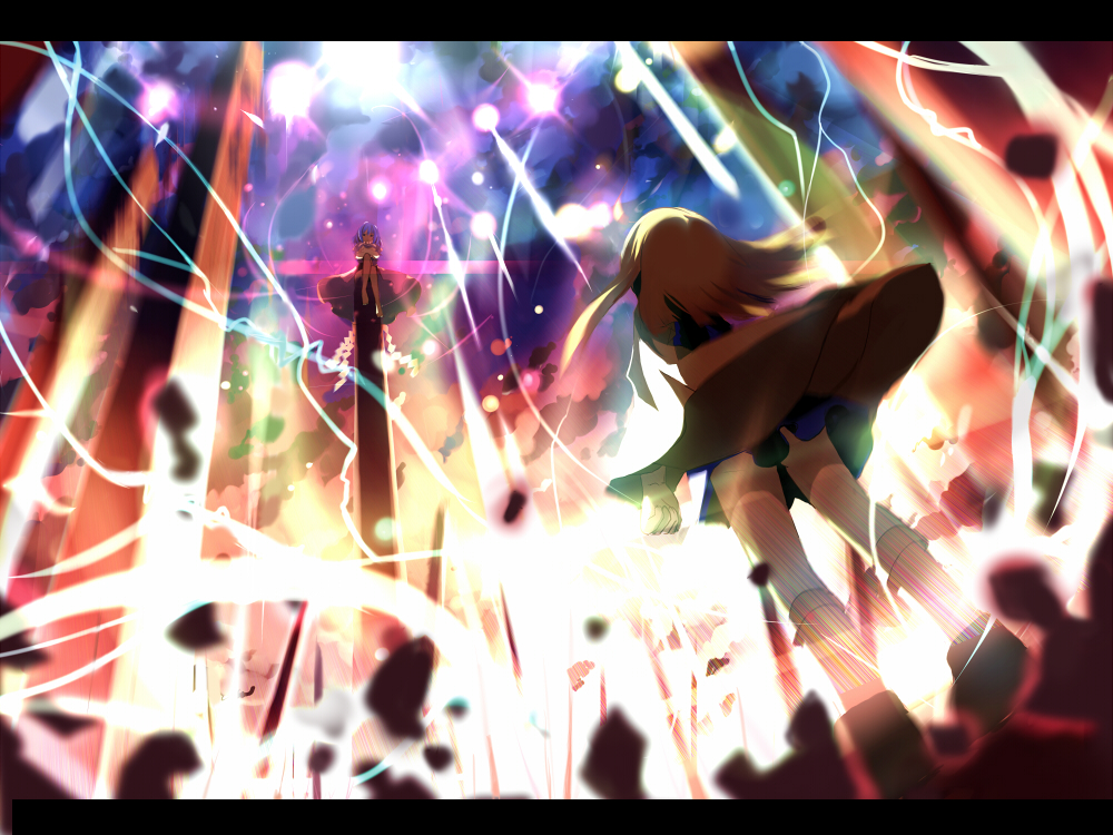 shino (eefy), moriya suwako, yasaka kanako, touhou, light, 2girls, battle, blonde hair, danmaku, female focus, letterboxed, multiple girls, onbashira