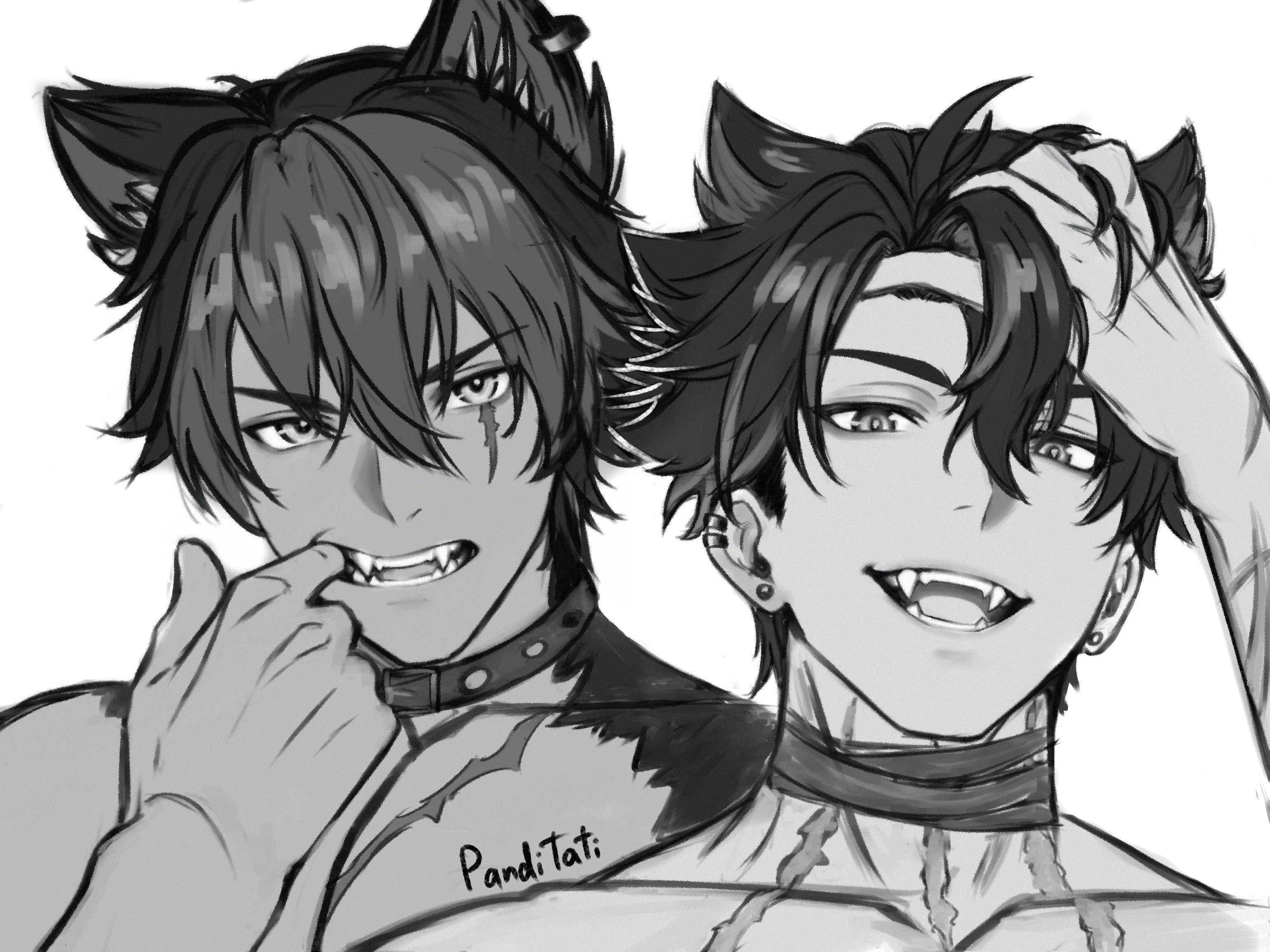 panditati, komano manato, wriothesley (genshin impact), mihoyo, zenless zone zero, commentary, english commentary, highres, 2boys, animal ear piercing, animal ears, choker, collarbone, crossover, ear piercing, earrings, fangs, finger to mouth, greyscale, hair between eyes, hand on own head, jewelry, looking at viewer, male focus, monochrome, mouth pull, multiple boys, multiple scars, nude, piercing, scar, scar on face, scar on neck, simple background, teeth, white background