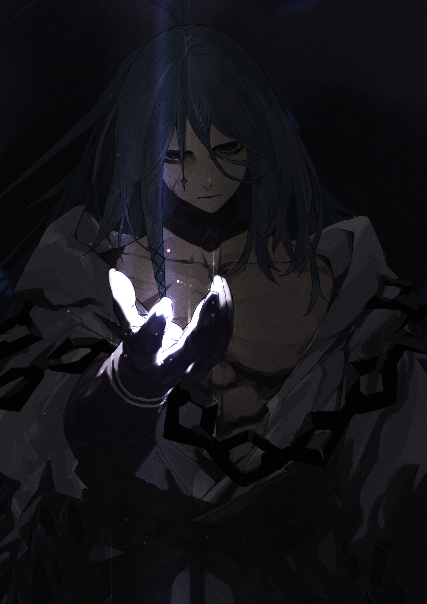 neko no kedama, fate/grand order, fate (series), highres, 1boy, azrael (grand assassin) (fate), bags under eyes, black eyes, colored skin, facial scar, grey skin, hooded robe, long hair, male focus, pectorals, robe, scar, scar on cheek, scar on face, solo, torn clothes, torn robe, white robe