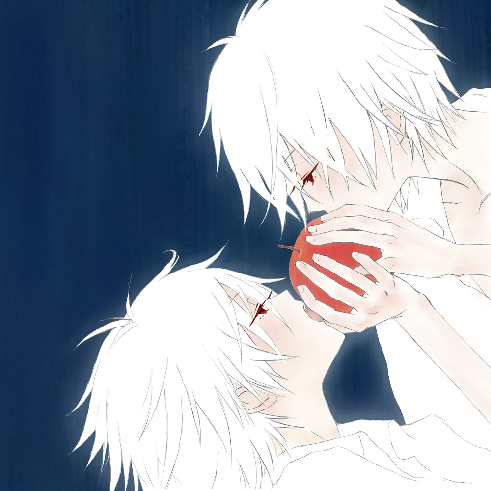 yoshimiko, ayanami rei, nagisa kaworu, neon genesis evangelion, 1boy, 1girl, apple, food, fruit, holding, holding food, holding fruit