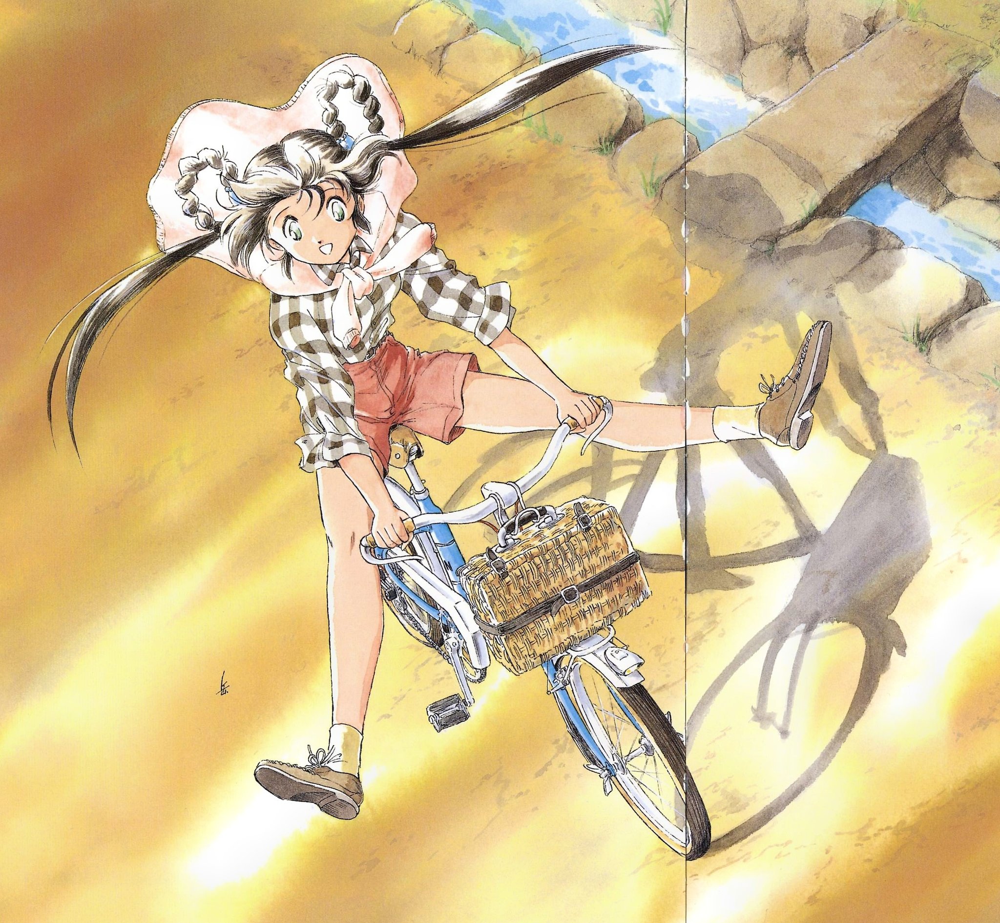 miyao gaku, mano youko, mamono hunter youko, highres, official art, 1990s (style), 1girl, bicycle, braid, braided hair rings, full body, hair rings, long hair, looking at viewer, open mouth, retro artstyle, shorts, smile, solo, twintails, water