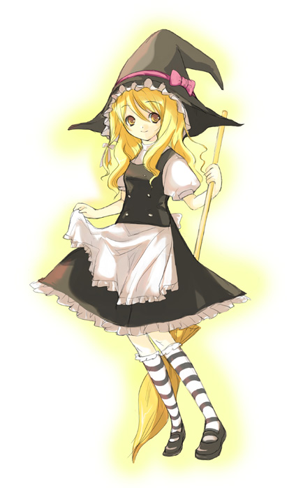 kirisame marisa, touhou, commentary, 1girl, apron, black hat, black shoes, black skirt, black vest, blonde hair, bow, broom, buttons, closed mouth, frilled apron, frilled skirt, frills, full body, hat, hat bow, holding, holding broom, long hair, looking at viewer, mary janes, mitsukisumi, pink bow, puffy short sleeves, puffy sleeves, shirt, shoes, short sleeves, simple background, skirt, skirt set, smile, socks, solo, standing, striped clothes, striped socks, vest, waist apron, white apron, white background, white shirt, white socks, witch hat, yellow eyes