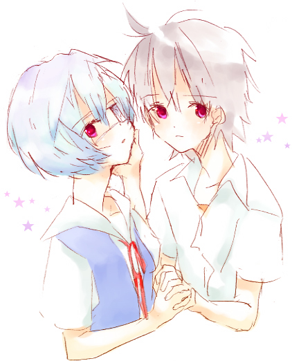 yoshioka mitsuko, ayanami rei, nagisa kaworu, neon genesis evangelion, silver hair, bad id, bad pixiv id, 1boy, 1girl, blue hair, blush, couple, eyepatch, hetero, holding hands, looking at viewer, red eyes, red ribbon, ribbon, sweater vest, upper body