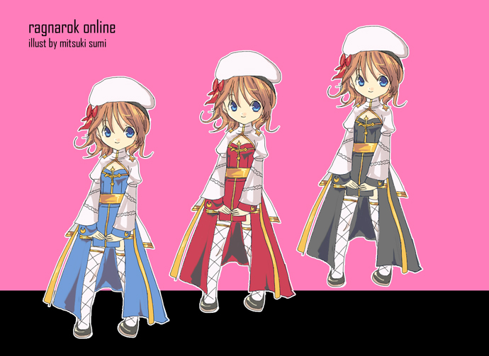 arch bishop (ragnarok online), ragnarok online, commentary request, 1girl, black dress, black shoes, blue dress, blue eyes, bow, brown hair, cleavage cutout, closed mouth, clothing cutout, copyright name, cross, dress, fishnet thighhighs, fishnets, flat chest, full body, hat, hat bow, juliet sleeves, long sleeves, looking at viewer, mitsukisumi, pink background, puffy sleeves, red bow, red dress, sash, shoes, short hair, smile, standing, thighhighs, two-tone dress, variations, white dress, white hat, white thighhighs, yellow sash