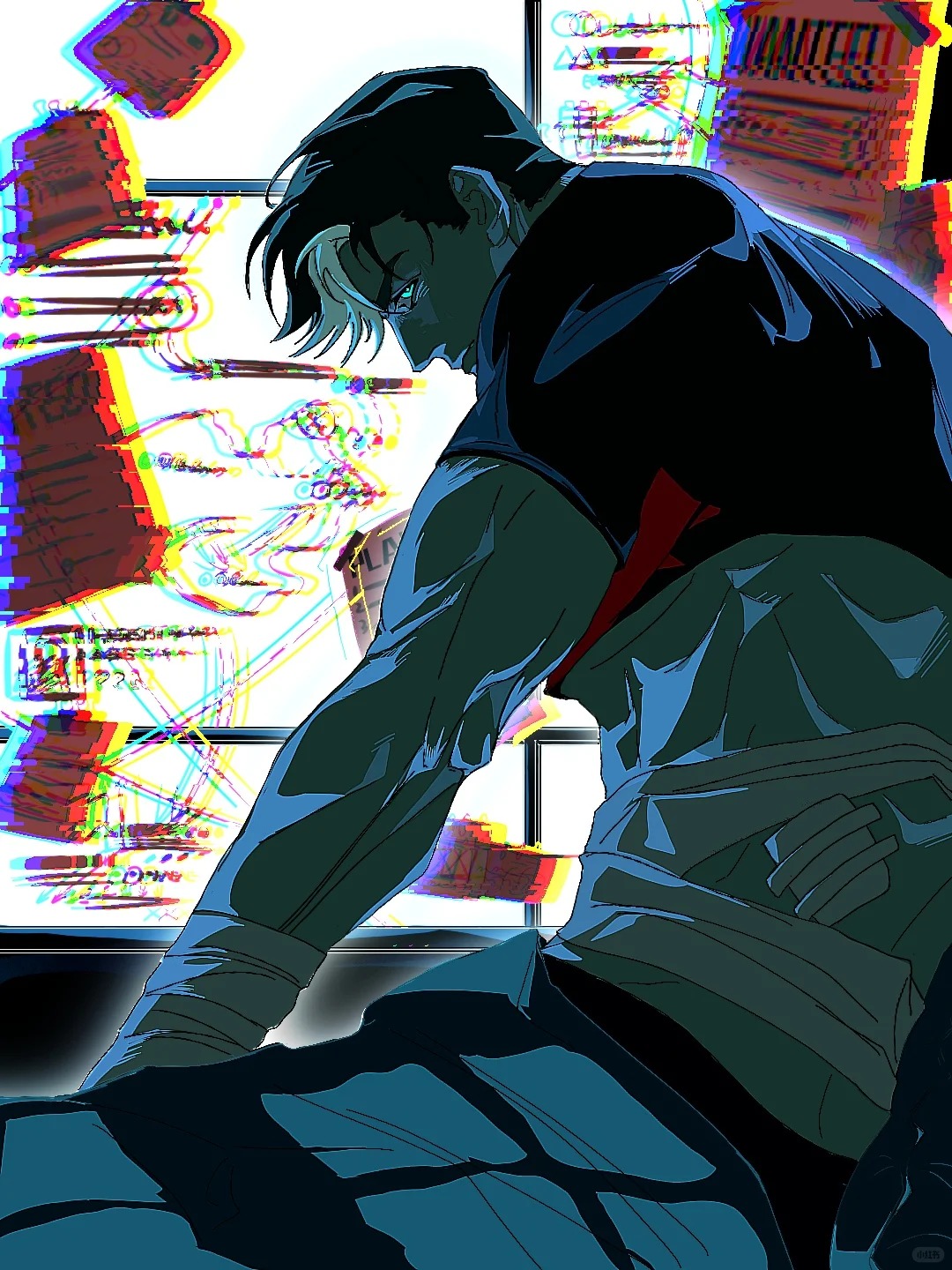 jason todd, red hood (dc), batman (series), dc comics, highres, 1boy, bat signal, batman symbol, black bodysuit, black hair, blue eyes, bodysuit, e2 yhxloki, male focus, multicolored hair, muscular, muscular male, red hood and the outlaws, shirt, short hair, superhero costume, white hair