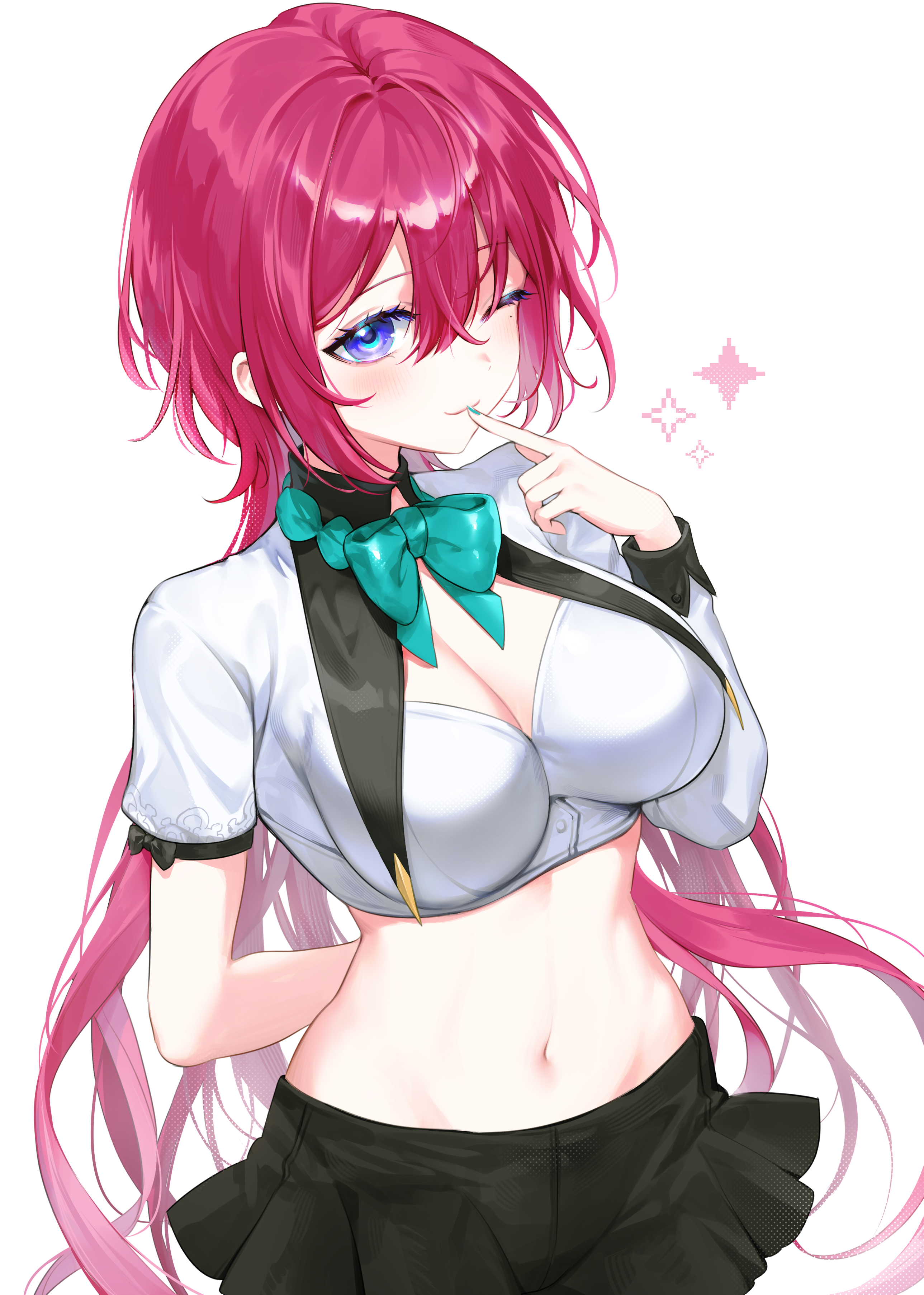 hibiwa, original, absurdres, highres, 1girl, asymmetrical sleeves, black skirt, blue eyes, bow, bowtie, breasts, cleavage, closed mouth, cowboy shot, crop top, finger to mouth, hair between eyes, hand up, large breasts, long hair, looking at viewer, midriff, miniskirt, mole, mole under eye, navel, one eye closed, red hair, shirt, skirt, smile, solo, stomach, very long hair, white shirt