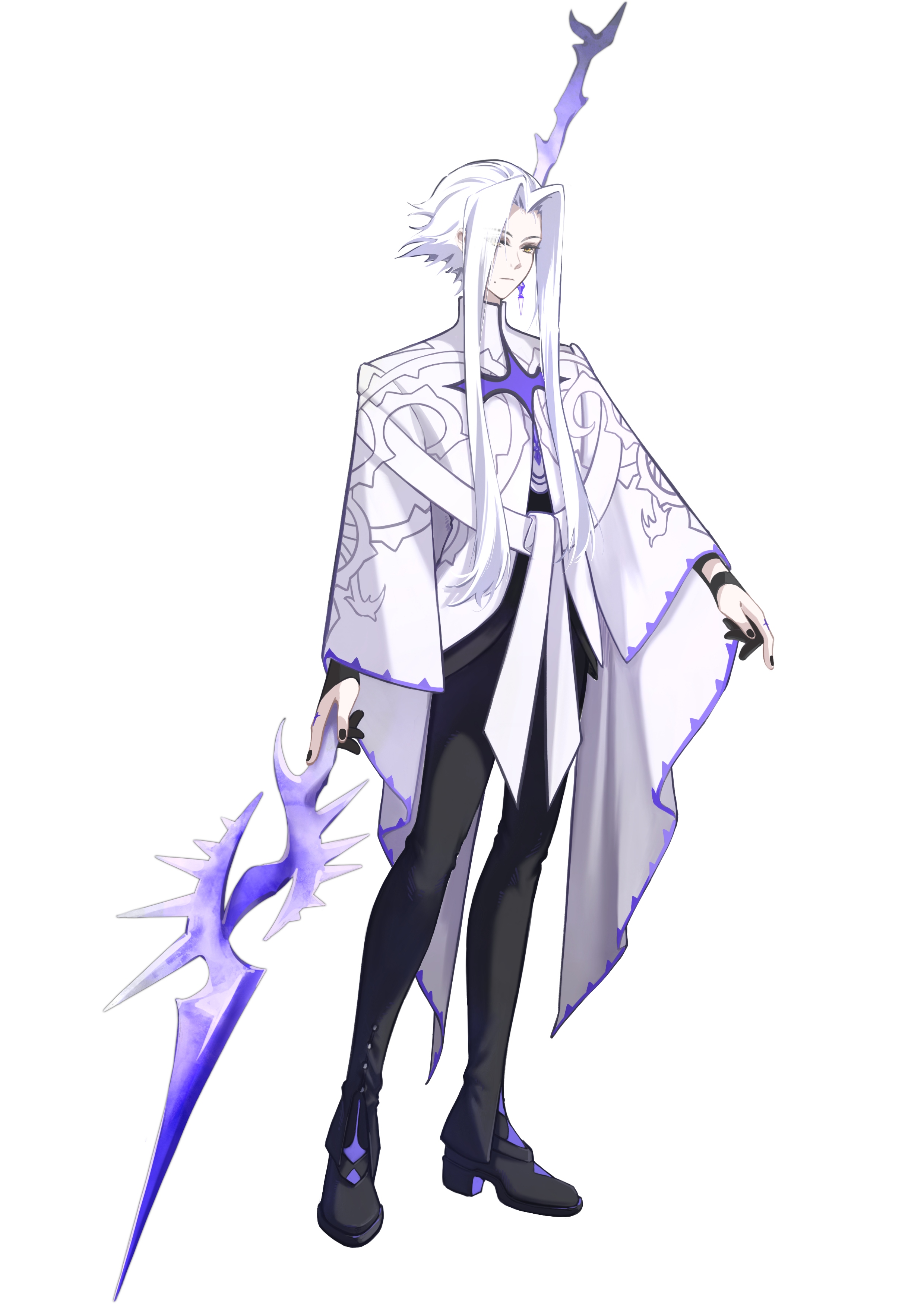 anz1105, iscario (forever 7th capital), forever 7th capital, absurdres, chinese commentary, highres, 1boy, arm at side, black nails, black pants, black shoes, closed mouth, earrings, expressionless, full body, gem, holding, holding polearm, holding weapon, jacket, jewelry, long sidelocks, long sleeves, looking at viewer, low block heels, male focus, mole, mole under mouth, nail polish, pants, parted bangs, polearm, purple gemstone, shoes, short hair with long locks, sidelocks, solo, spear, standing, sweater guard, tachi-e, thorn print, transparent background, weapon, white hair, white jacket, wide sleeves, yellow eyes
