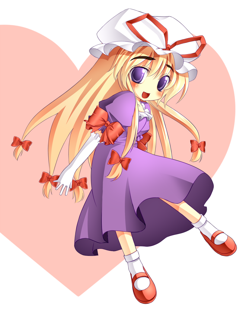 iganseijin, yakumo yukari, yakumo yukari (young), touhou, eyebrows, 1girl, :d, aged down, blonde hair, blush, elbow gloves, female focus, gloves, hair ribbon, hat, long hair, open mouth, purple eyes, red shoes, ribbon, shoes, smile, solo, white gloves