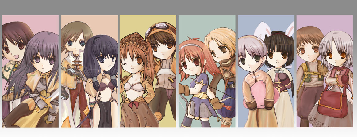 acolyte (ragnarok online), archer (ragnarok online), mage (ragnarok online), merchant (ragnarok online), poring, swordsman (ragnarok online), thief (ragnarok online), ragnarok online, chinese commentary, commentary request, 2000s (style), 6+boys, 6+girls, :d, animal ears, armored skirt, bikini, bikini top only, black hair, blonde hair, blue eyes, blue shirt, blue shorts, bow (weapon), bra, breasts, brown bikini, brown capelet, brown dress, brown eyes, brown gloves, brown hair, brown headscarf, brown pants, brown shirt, brown shorts, capelet, cassock, chest guard, cleavage, closed mouth, cowboy shot, dress, expressionless, fake animal ears, gloves, goggles, goggles on head, green vest, grey eyes, grey shirt, grey skirt, hair intakes, headscarf, holding, holding bow (weapon), holding weapon, long hair, long sleeves, looking at viewer, midriff, mitsukisumi, multiple boys, multiple girls, navel, one eye closed, open clothes, open mouth, open vest, orange eyes, pants, pelvic curtain, purple eyes, purple hair, rabbit ears, red bag, shirt, short hair, short sleeves, shorts, skirt, small breasts, smile, stuffed slime, swimsuit, underwear, vest, weapon, white bra, white capelet, white skirt