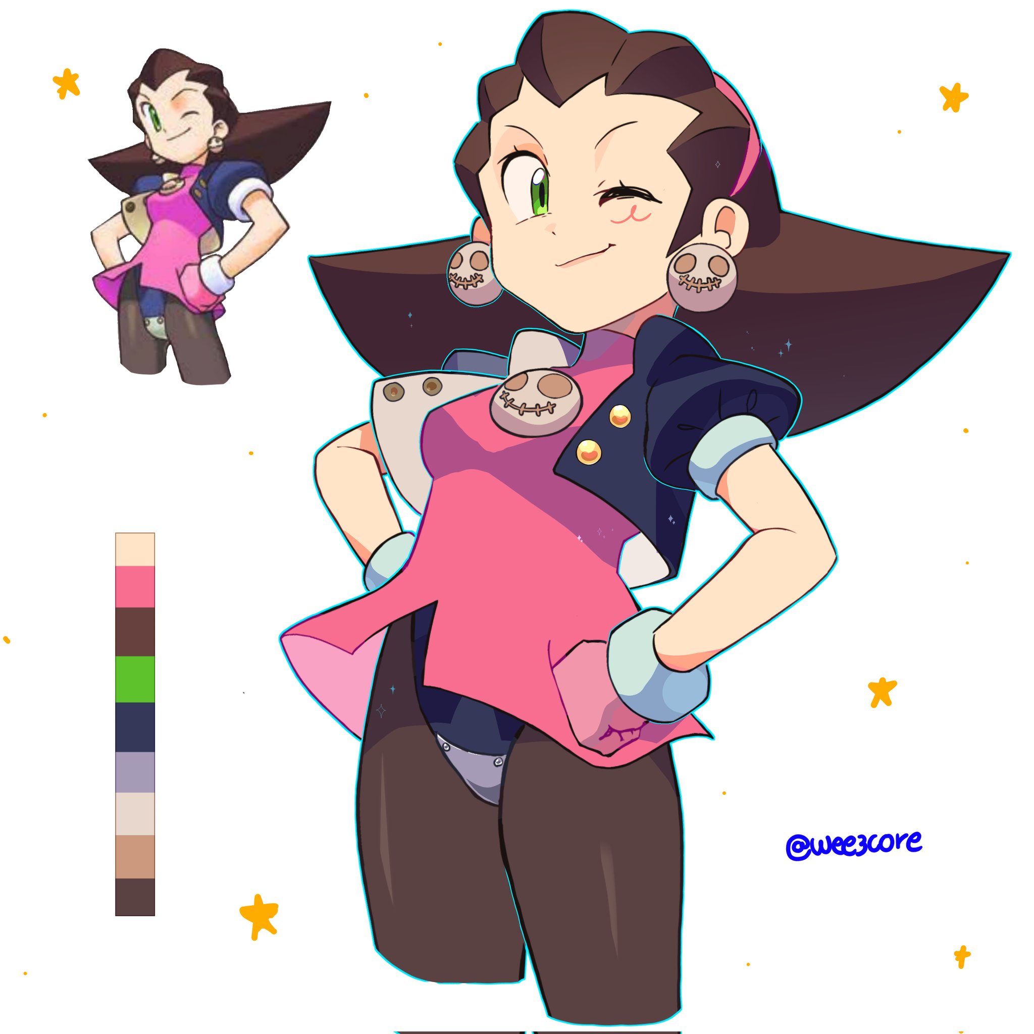 tron bonne (mega man), mega man (series), mega man legends (series), commentary, english commentary, highres, 1girl, ;), blush, brown hair, cropped jacket, crotch plate, dress, earrings, gloves, green eyes, hairband, hands on own hips, jacket, jewelry, medium hair, official art inset, one eye closed, open clothes, open jacket, pantyhose, pink dress, pink gloves, pink hairband, puffy short sleeves, puffy sleeves, reference inset, short sleeves, smile, solo, star (symbol), twitter username, weezcore