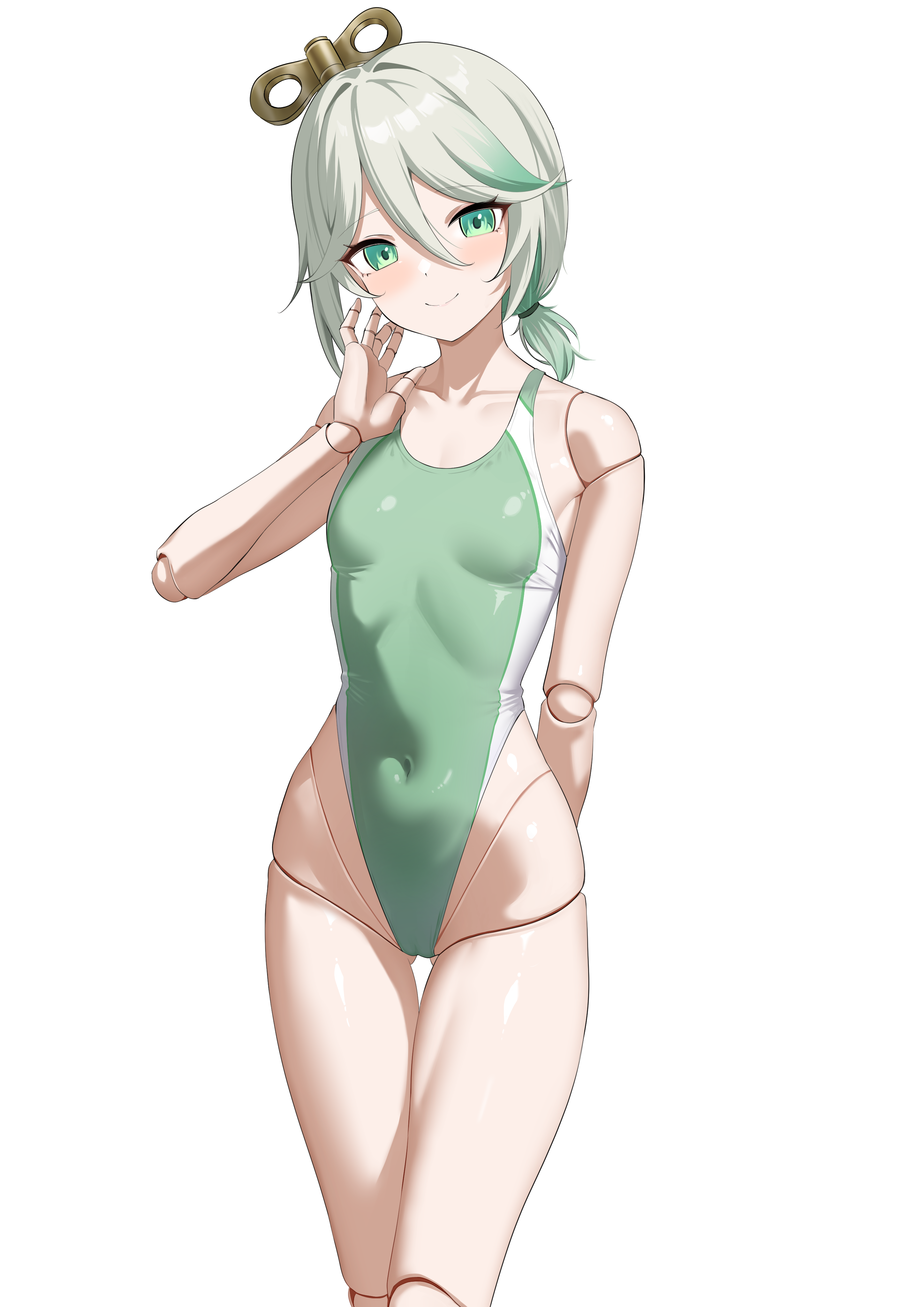 raikkonen, cecilia immergreen, hololive, hololive english, absurdres, commentary, english commentary, highres, 1girl, adjusting clothes, adjusting swimsuit, arm behind back, braid, breasts, closed mouth, colored inner hair, competition swimsuit, covered navel, doll, doll joints, double-parted bangs, gluteal fold, gradient hair, green eyes, green hair, green one-piece swimsuit, grey hair, hair between eyes, hair ornament, hand up, highleg, highleg one-piece swimsuit, joints, looking at viewer, median furrow, multicolored hair, one-piece swimsuit, ponytail, short hair, short ponytail, side braid, simple background, single braid, small breasts, smile, solo, swimsuit, thigh gap, two-tone one-piece swimsuit, virtual youtuber, white background, white one-piece swimsuit, winding key