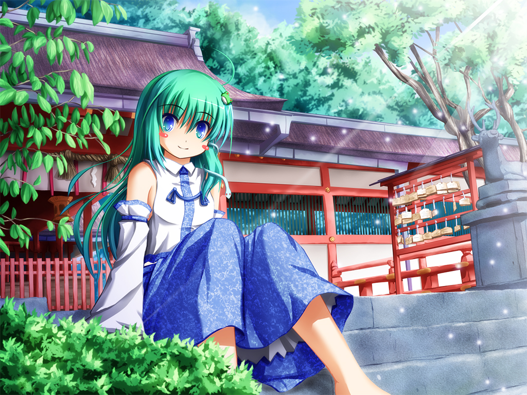akashio (loli ace), kochiya sanae, touhou, bad id, bad pixiv id, 1girl, barefoot, blue eyes, blush stickers, detached sleeves, ema, female focus, green hair, hair ornament, light rays, long hair, shrine, sitting, sitting on stairs, smile, solo, stairs, statue, sunbeam, sunlight