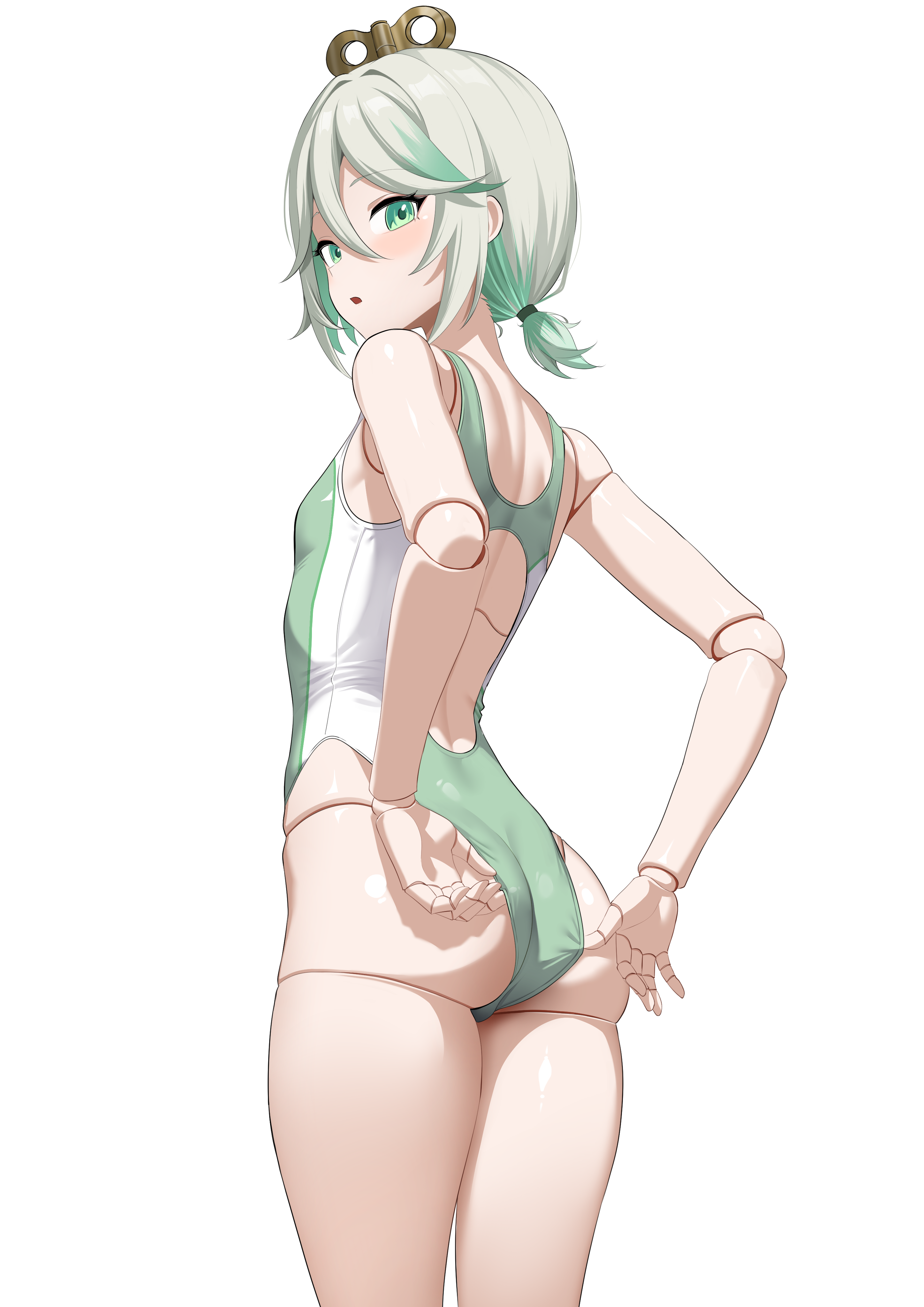 raikkonen, cecilia immergreen, hololive, hololive english, absurdres, commentary, english commentary, highres, 1girl, adjusting clothes, adjusting swimsuit, ass, back cutout, braid, breasts, clothing cutout, colored inner hair, competition swimsuit, covered navel, doll, doll joints, double-parted bangs, from behind, gradient hair, green eyes, green hair, green one-piece swimsuit, grey hair, hair between eyes, hair ornament, hand up, highleg, highleg one-piece swimsuit, joints, looking at viewer, median furrow, multicolored hair, one-piece swimsuit, open mouth, ponytail, short hair, short ponytail, side braid, simple background, single braid, small breasts, smile, swimsuit, thigh gap, two-tone one-piece swimsuit, virtual youtuber, white background, white one-piece swimsuit, winding key