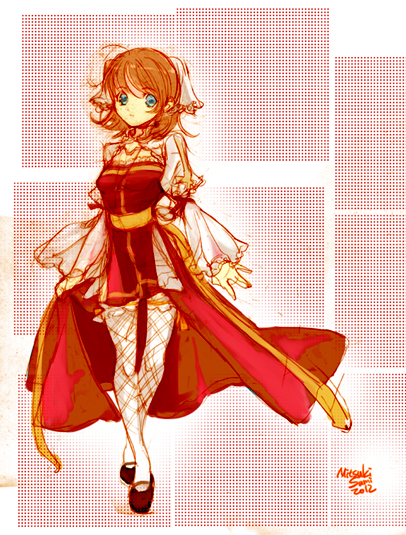 arch bishop (ragnarok online), ragnarok online, chinese commentary, commentary request, 1girl, 2012, artist name, black shoes, blue eyes, breasts, brown hair, cleavage cutout, closed mouth, clothing cutout, cross, dress, expressionless, fishnet thighhighs, fishnets, frilled thighhighs, frills, full body, juliet sleeves, long sleeves, looking at viewer, medium breasts, mitsukisumi, puffy sleeves, red dress, sash, shoes, short hair, solo, standing, thighhighs, two-tone dress, white dress, white thighhighs, yellow sash