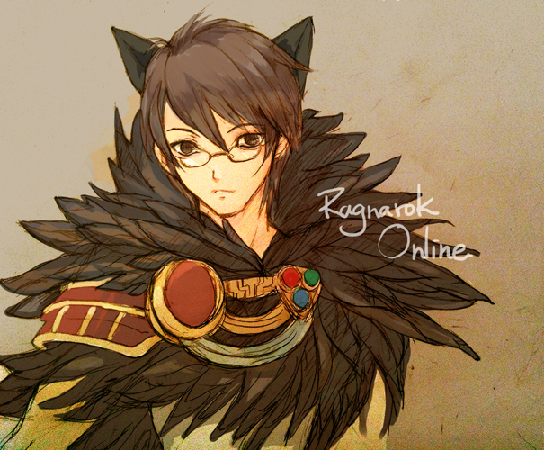 sorcerer (ragnarok online), ragnarok online, chinese commentary, commentary request, 1boy, animal ears, brown background, brown eyes, brown hair, cat boy, cat ears, closed mouth, copyright name, expressionless, fur collar, glasses, looking at viewer, male focus, mitsukisumi, short hair, solo, upper body