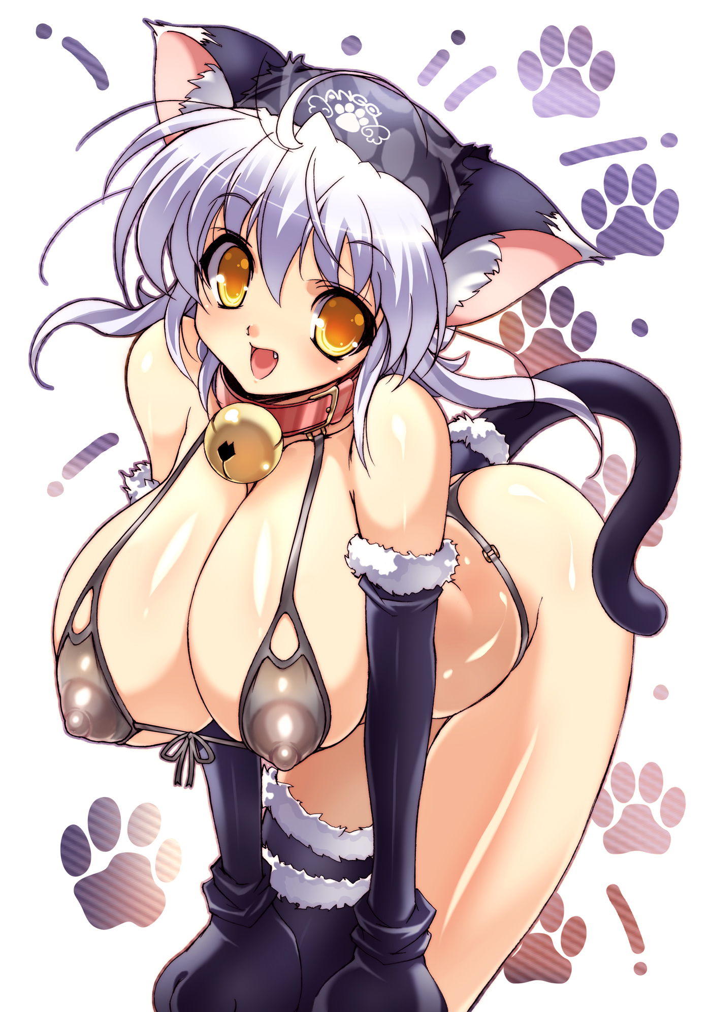 ishida hiroyuki, original, highres, 1girl, animal ears, bell, bent over, breasts, cat ears, cat tail, cleavage, collar, elbow gloves, fang, fangs, female focus, gloves, hands on own knees, huge breasts, leaning forward, neck bell, nipples, paw print, puffy nipples, see-through clothes, short hair, smile, solo, tail, thighhighs, white hair, yellow eyes