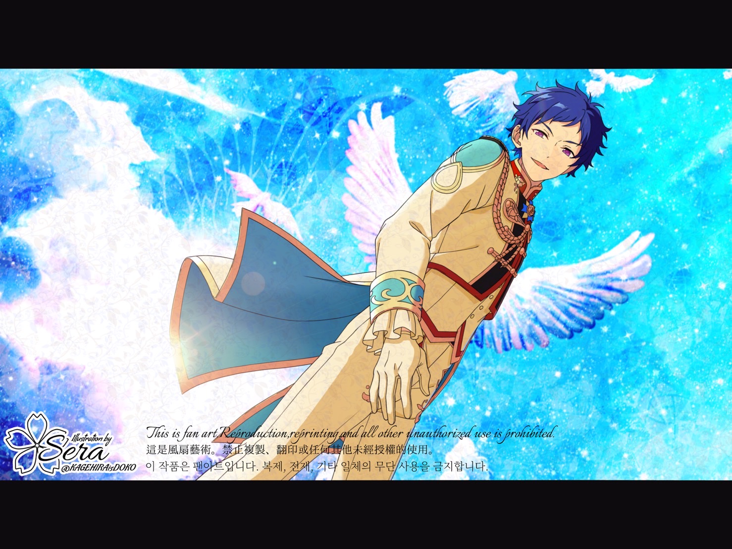 fushimi yuzuru, ensemble stars!, commentary, 1boy, artist name, blue hair, buttons, dutch angle, feathered wings, gloves, kagehira wa doko ka ne!, letterboxed, long sleeves, looking at viewer, male focus, mandarin collar, official alternate costume, open mouth, purple eyes, short bangs, short hair, solo, tempest (ensemble stars!), twitter username, watermark, white gloves, wings