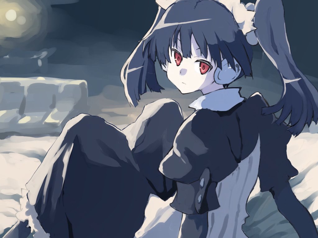 aki masanari, glare (aki masanari), glare (game), commentary request, official art, 1girl, android, arm support, black dress, black hair, closed mouth, dress, expressionless, feet out of frame, from behind, knees up, long hair, looking at viewer, looking back, maid, maid headdress, on bed, puffy short sleeves, puffy sleeves, red eyes, robot ears, short sleeves, sitting, solo, twintails