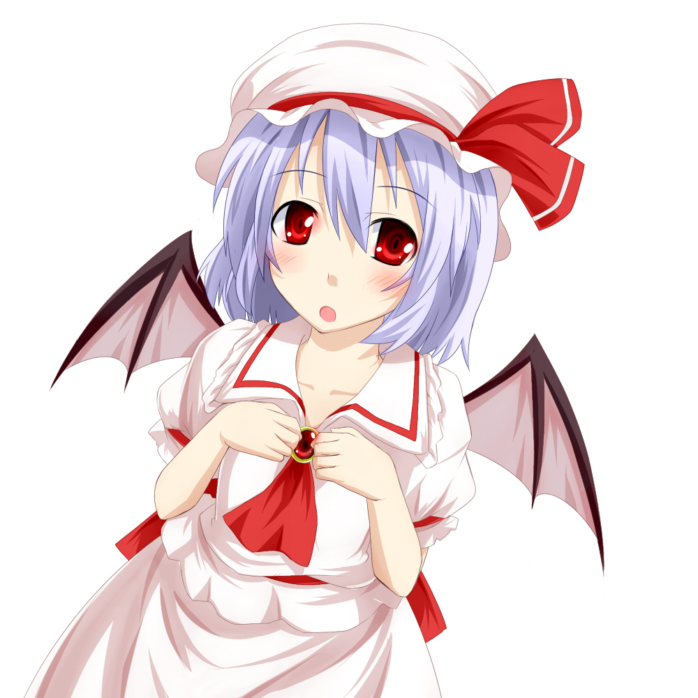 batsu, remilia scarlet, touhou, 1girl, blush, female focus, hat, purple hair, red eyes, ribbon, simple background, solo, standing, white background, wings