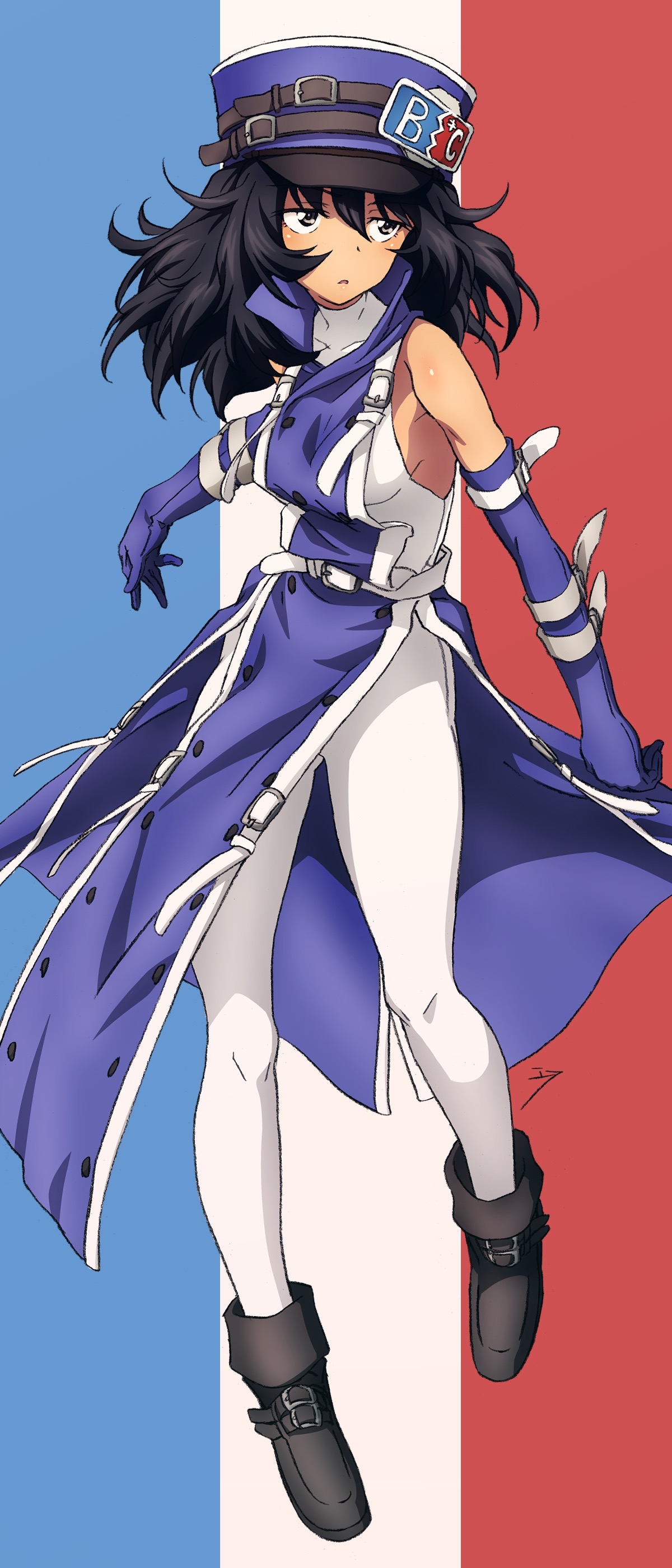 erakin, andou (girls und panzer), girls und panzer, absurdres, highres, 1girl, bare shoulders, bc freedom military uniform, black hair, blue gloves, blush, breasts, brown eyes, elbow gloves, flag background, french flag, full body, gloves, hat, long hair, military uniform, open mouth, small breasts, solo