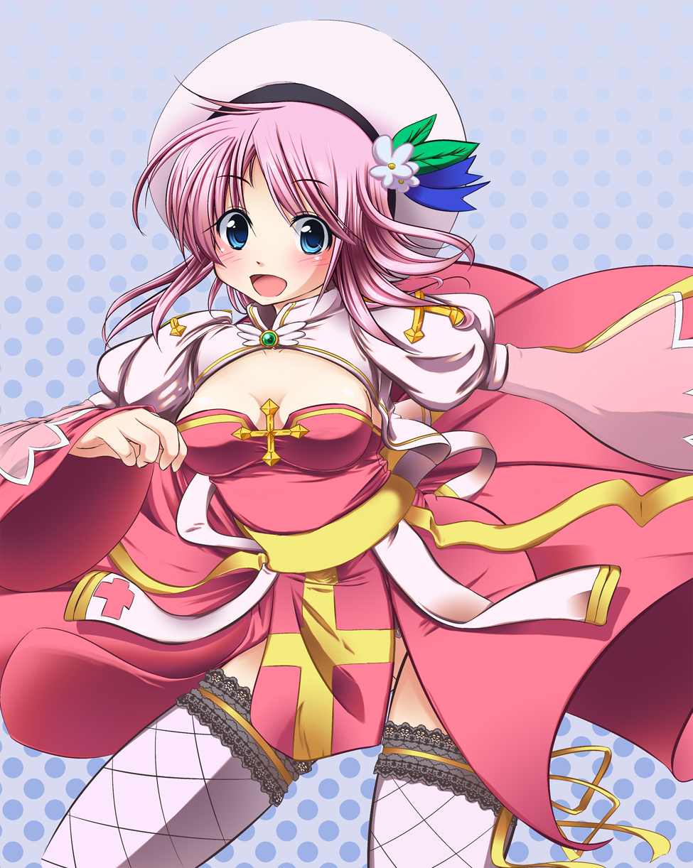 komachi (natsu), arch bishop (ragnarok online), ragnarok online, commentary request, highres, 1girl, blue background, blue eyes, blush, breasts, cleavage, cleavage cutout, clothing cutout, cowboy shot, cross, dress, fishnet thighhighs, fishnets, flower, grey flower, grey thighhighs, hat, hat flower, hat ornament, juliet sleeves, lace, lace-trimmed thighhighs, lace trim, leaf hat ornament, long sleeves, looking at viewer, medium breasts, no panties, open mouth, pink hair, polka dot, polka dot background, puffy sleeves, red dress, sash, short hair, smile, solo, tam (ragnarok online), thighhighs, two-tone dress, white dress, white hat, yellow sash