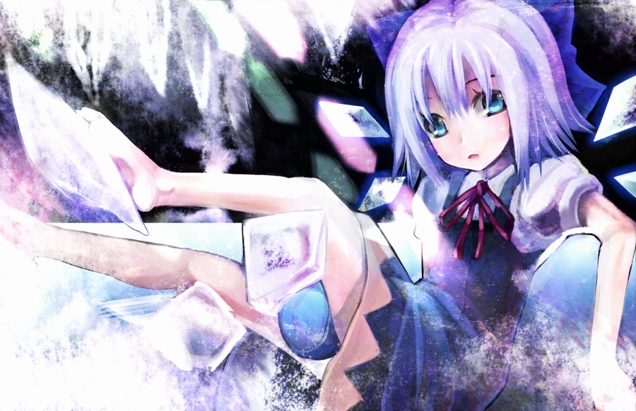 boshi (a-ieba), boshinote, cirno, embodiment of scarlet devil, touhou, bad id, bad pixiv id, 1girl, barefoot, blue eyes, blue hair, feet, female focus, ice, matching hair/eyes, open mouth, ribbon, short hair, solo