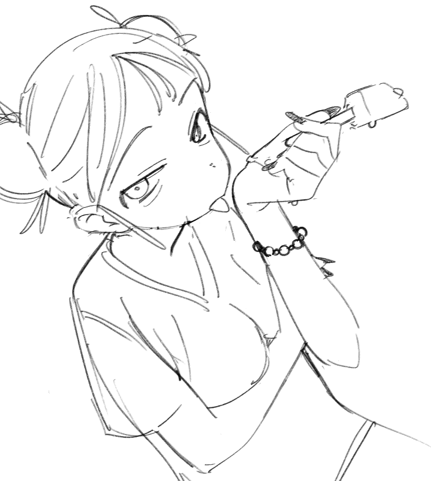ddasang, original, 1girl, bracelet, breasts, food, greyscale, jewelry, monochrome, short hair, sketch, solo, tongue, tongue out