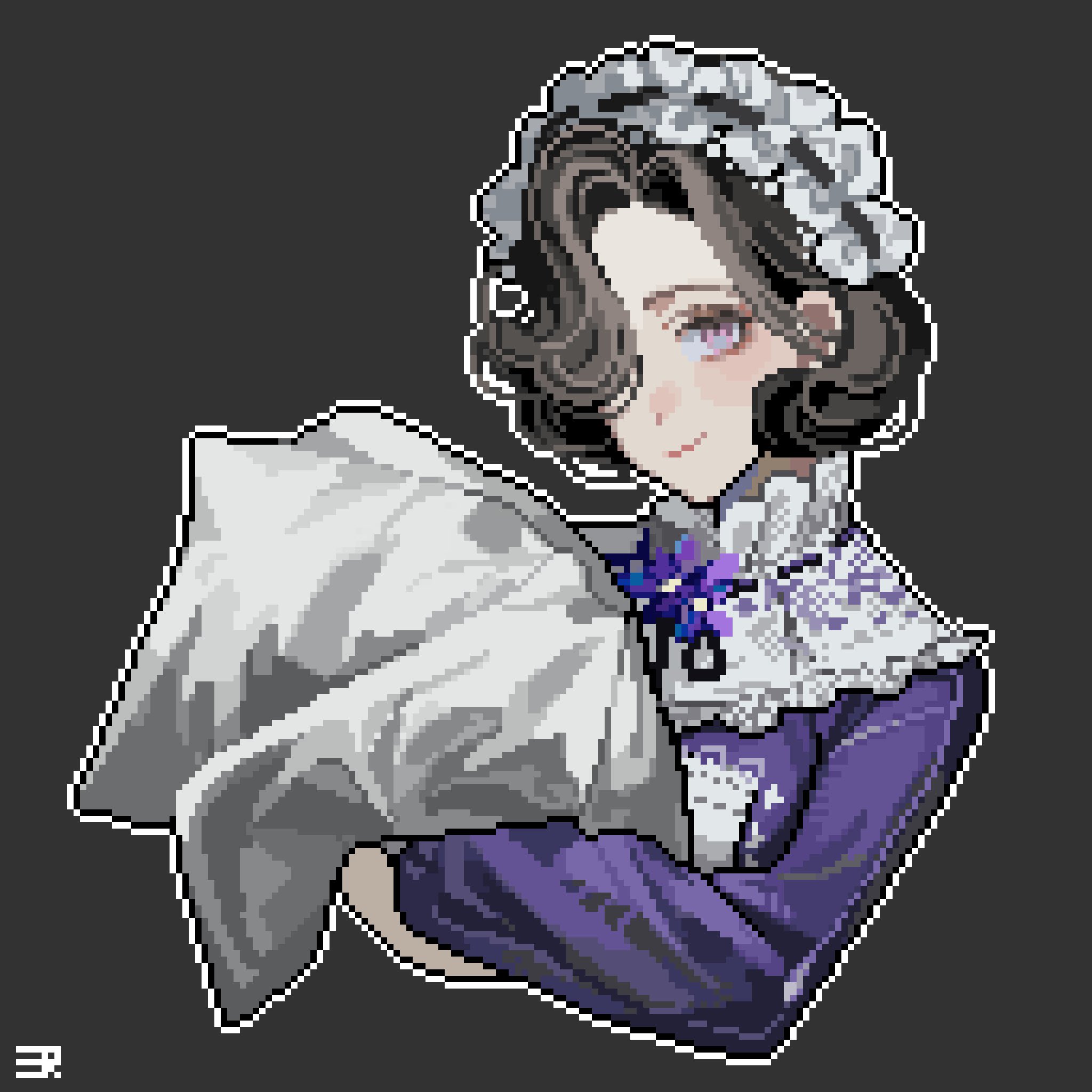 ajinasi nori, tuesday (reverse:1999), reverse:1999, highres, 1girl, black hair, black ribbon, blanket, cropped torso, dress, flower, grey background, hair over one eye, holding, holding blanket, maid, maid headdress, neck flower, neck ribbon, one eye covered, pixel art, purple dress, purple flower, ribbon, short hair, solo, swaddled, upper body