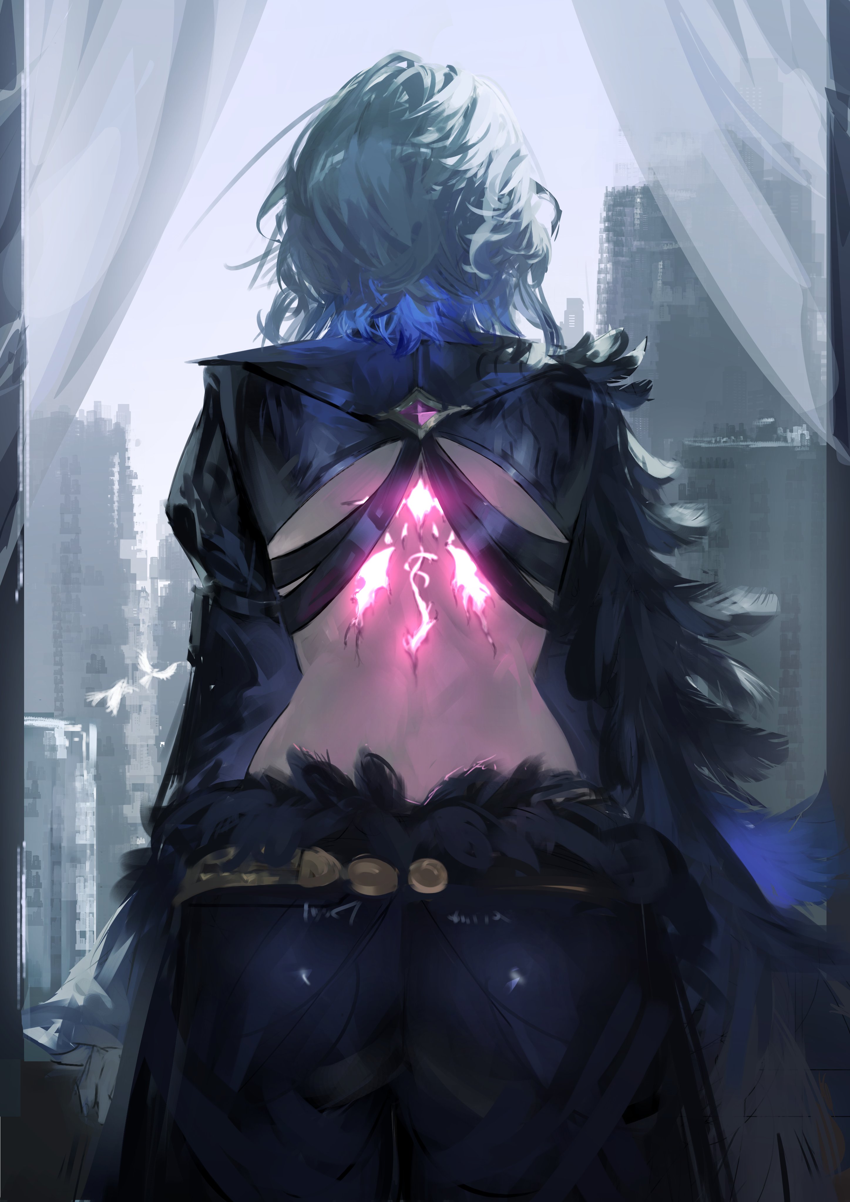 lewdlily66, galbrena (wuthering waves), wuthering waves, absurdres, commentary, english commentary, highres, 1girl, ass, back, back tattoo, black jacket, black pants, cropped jacket, feathered wings, grey hair, jacket, medium hair, pants, single wing, solo, tattoo, wings